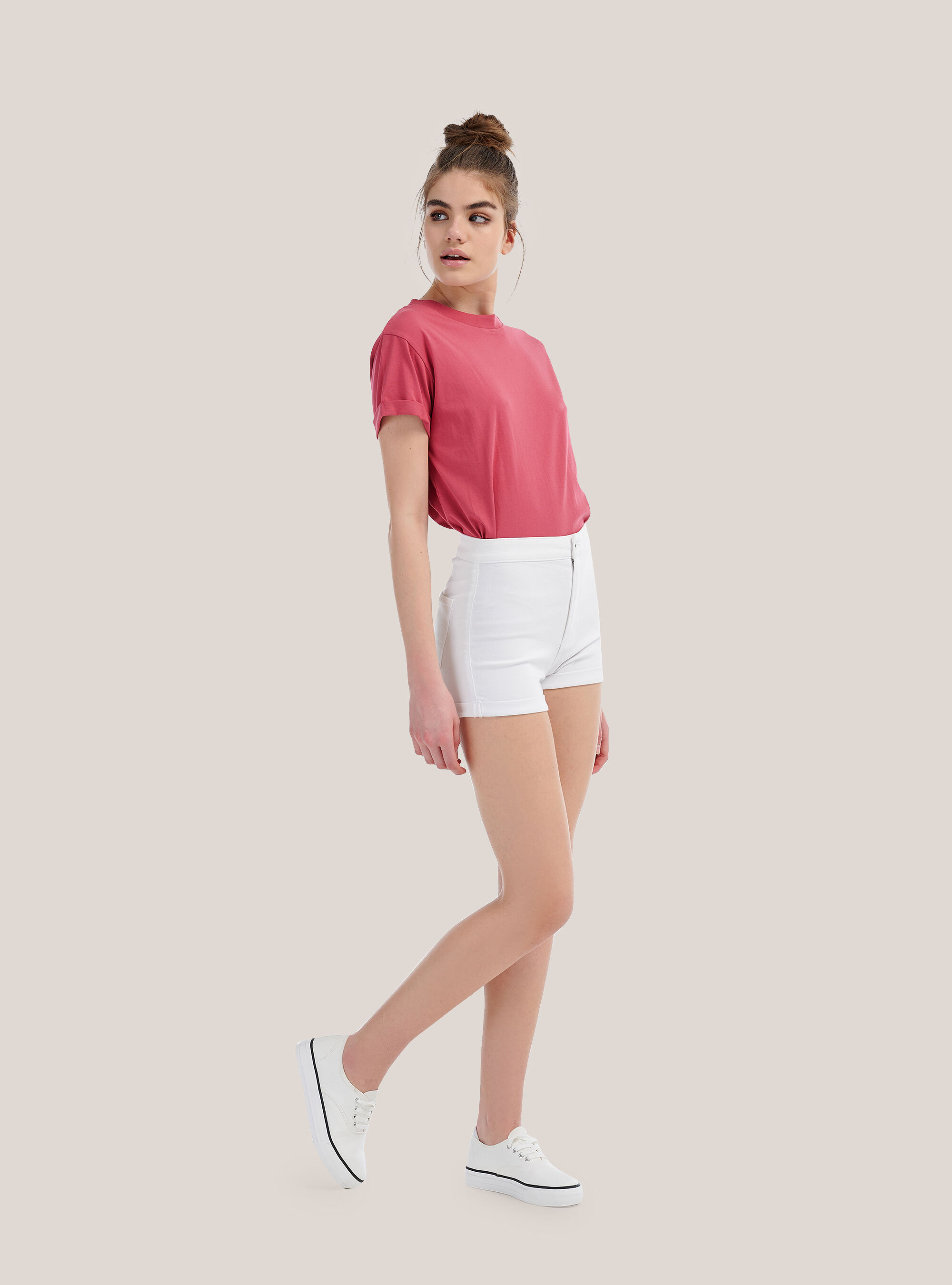 Short denim high waist, BLANCO