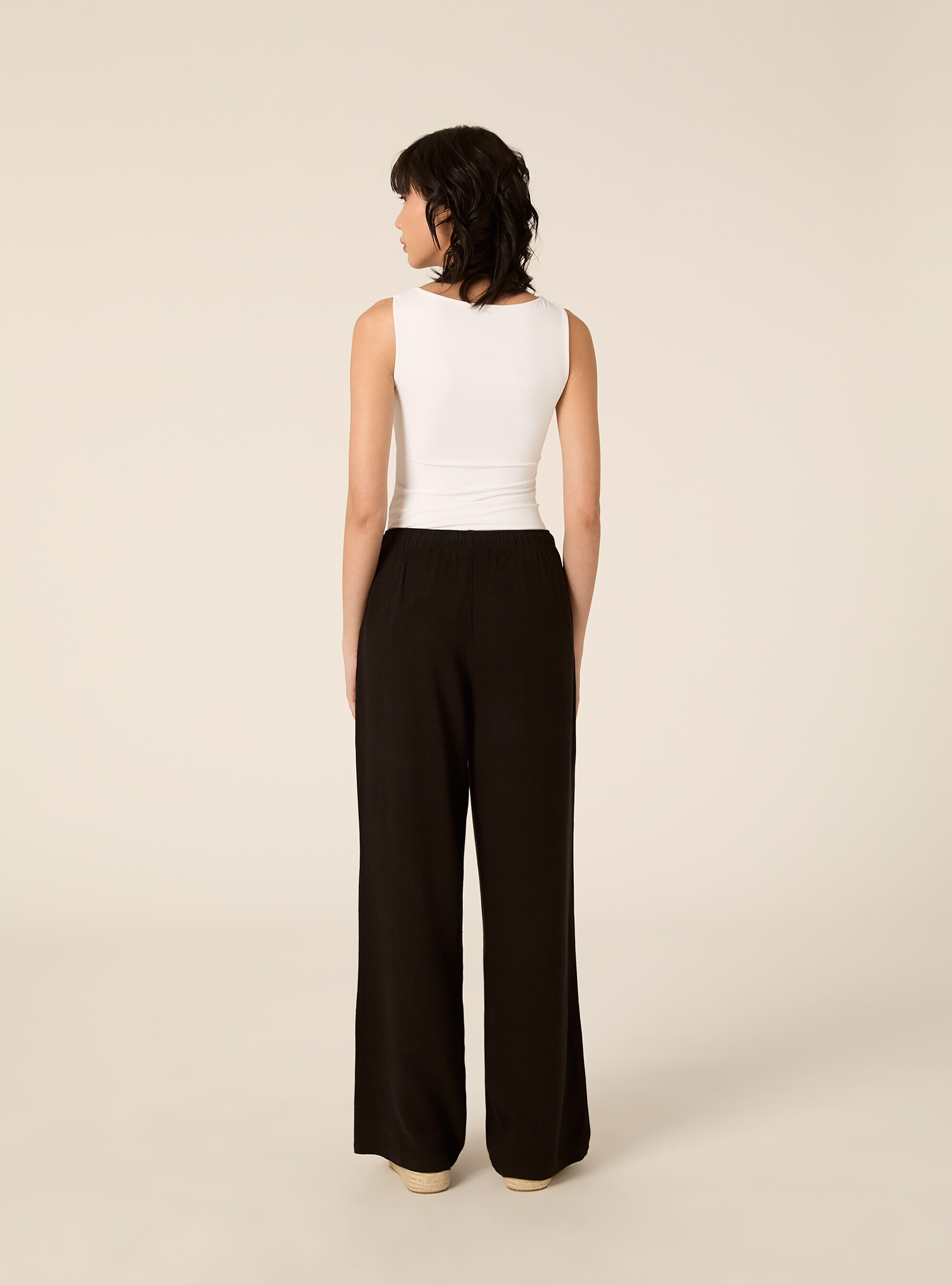 Pantaloni wide leg in misto lino, BK1 BLACK