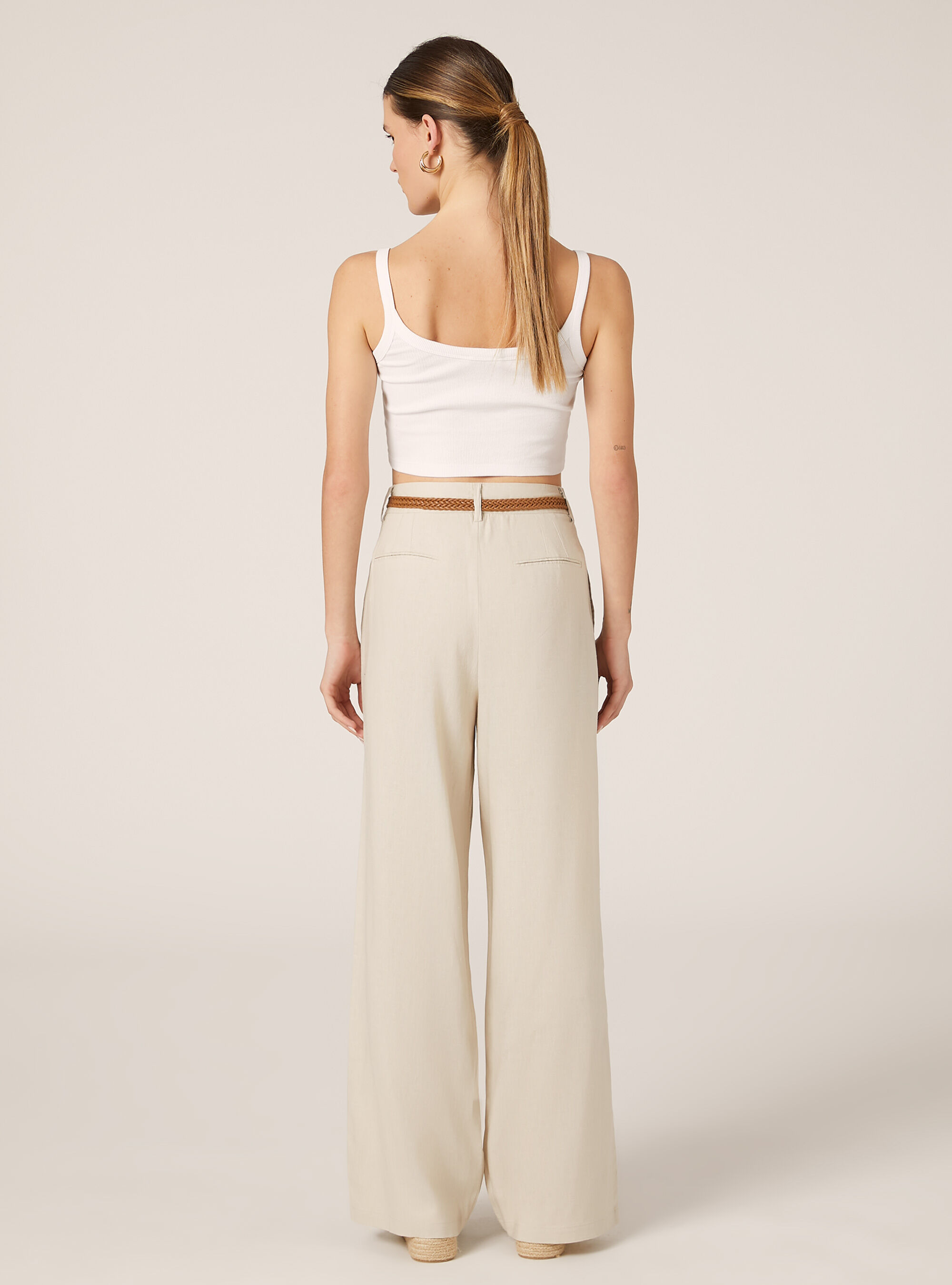 Pantalon en lin m&eacute;lang&eacute; avec ceinture, BG2 BEIGE MEDIUM