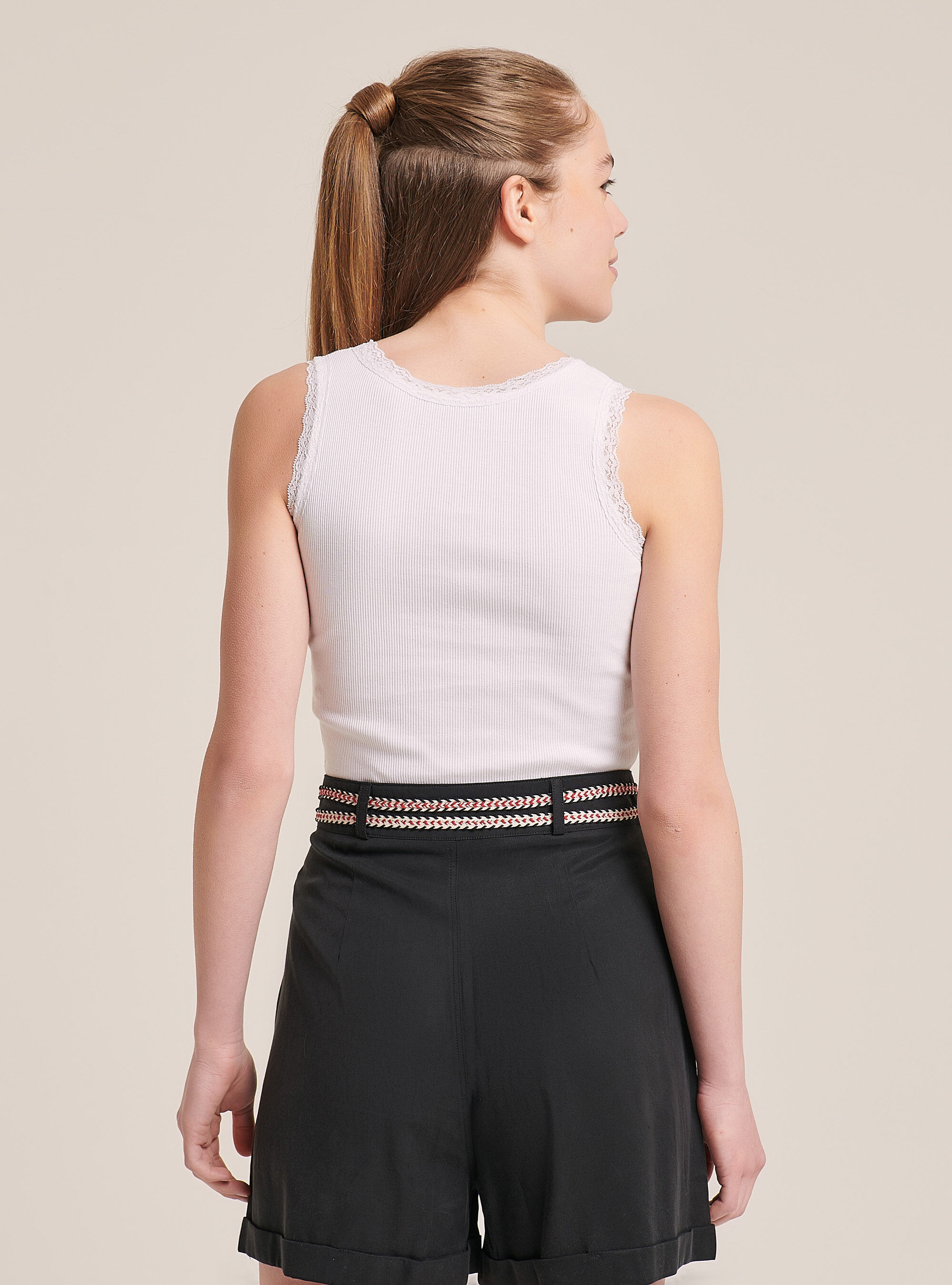 Basic cotton tank top with lace trim, WHITE