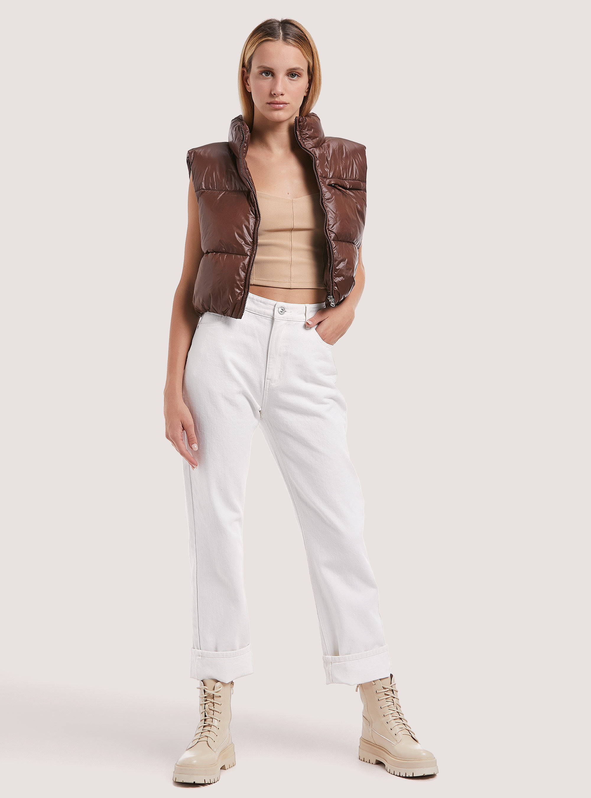 Cropped sleeveless with recycled padding, BR1 BROWN DARK