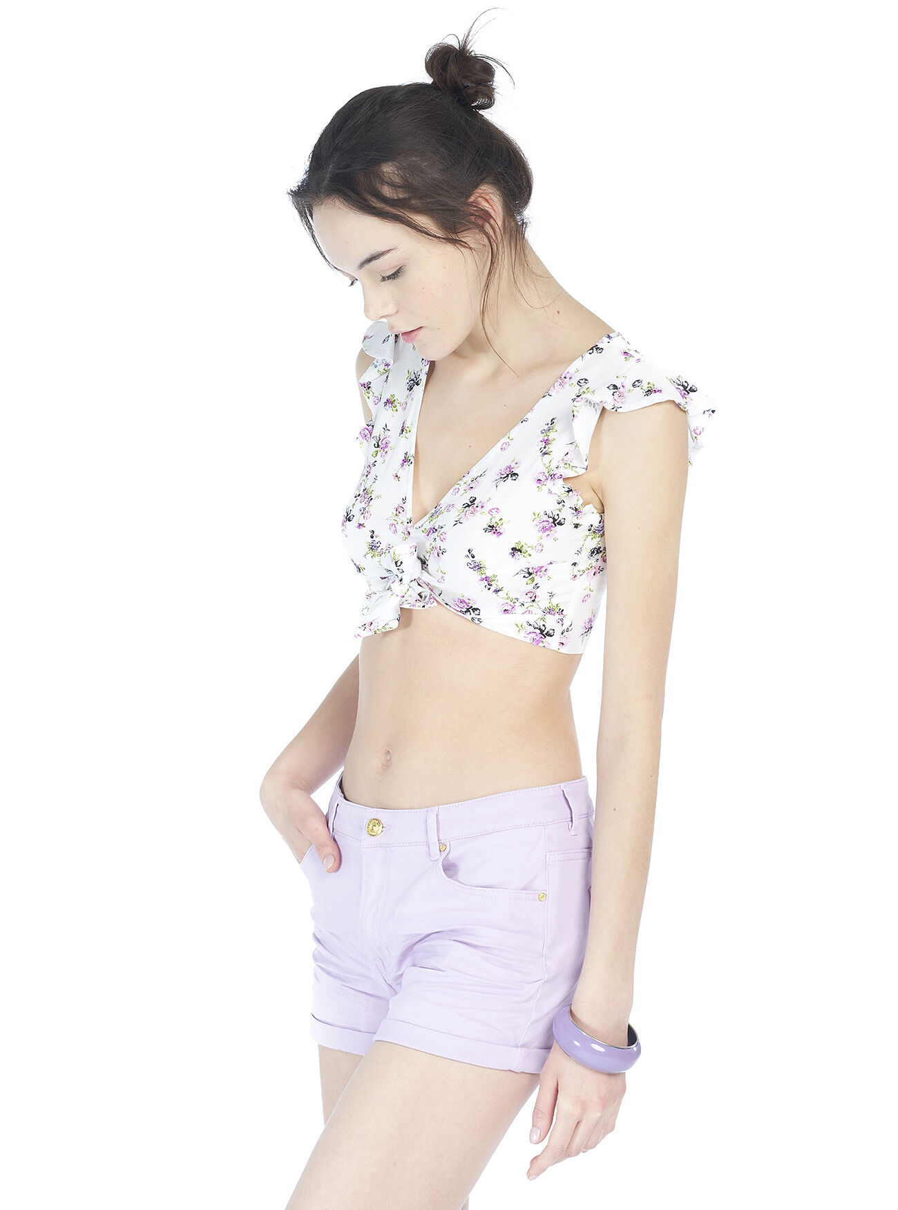 Top cropped con nodo e stampa a fiori, WHITE
