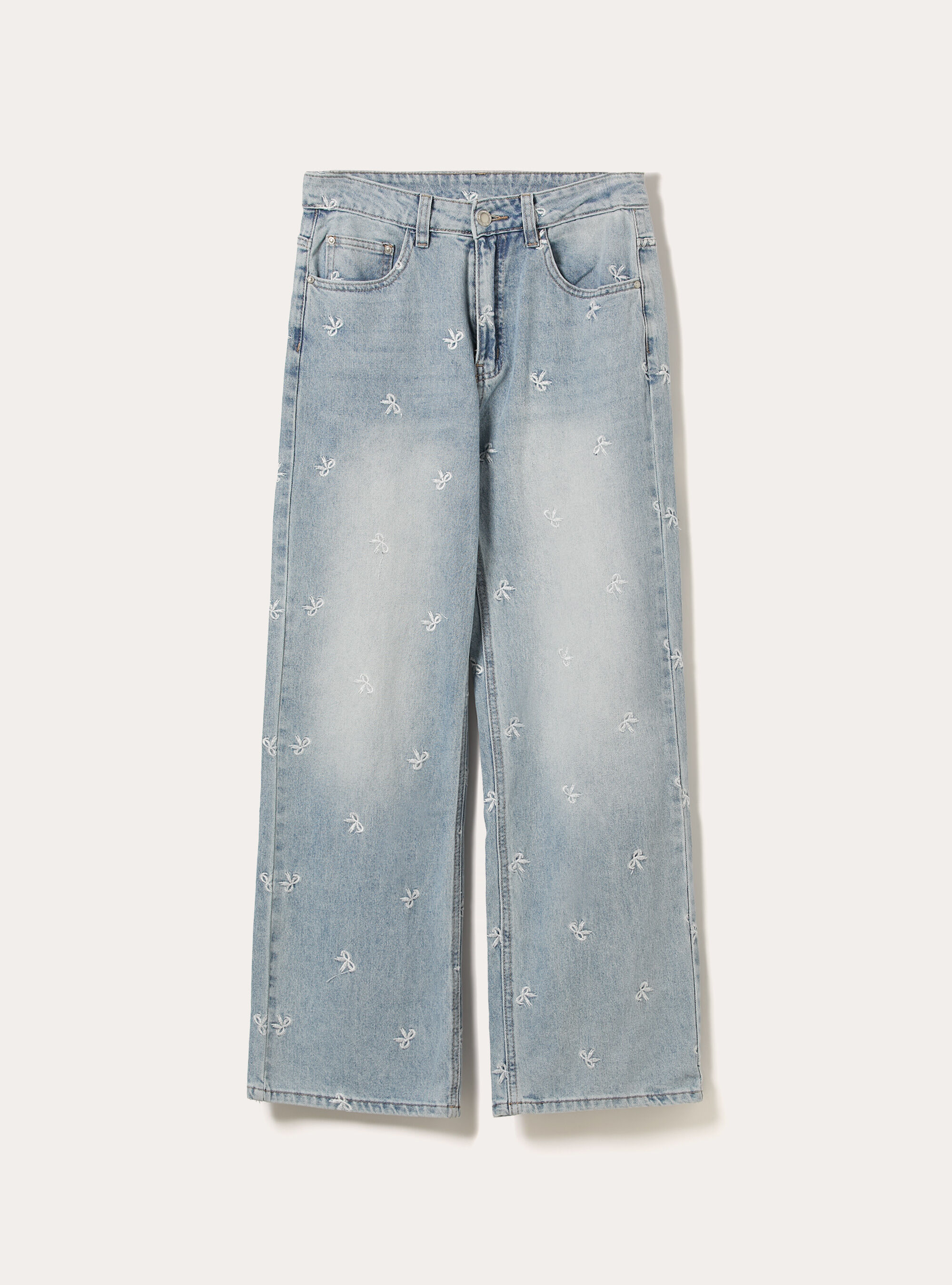 Vaqueros rectos con lazos bordados, D006 AZURE