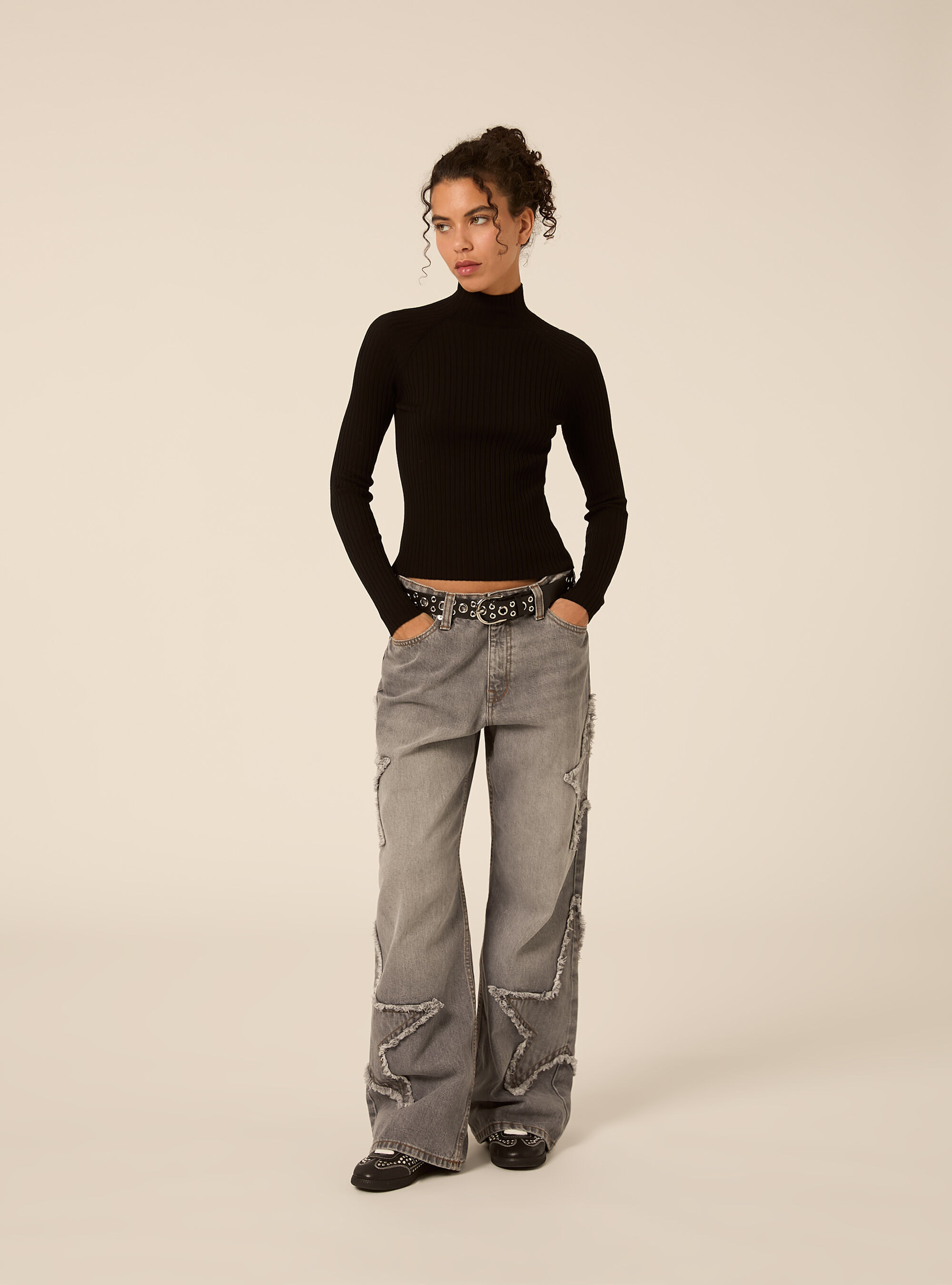 Ribbed mock neck jumper with raglan sleeves, BK1 BLACK
