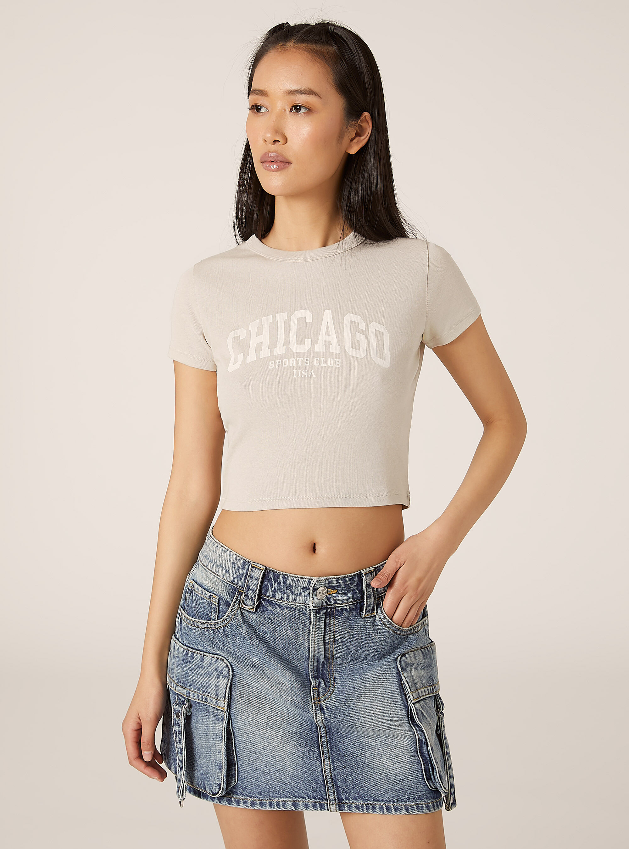 Cropped t-shirt with college print, BG3 BEIGE LIGHT