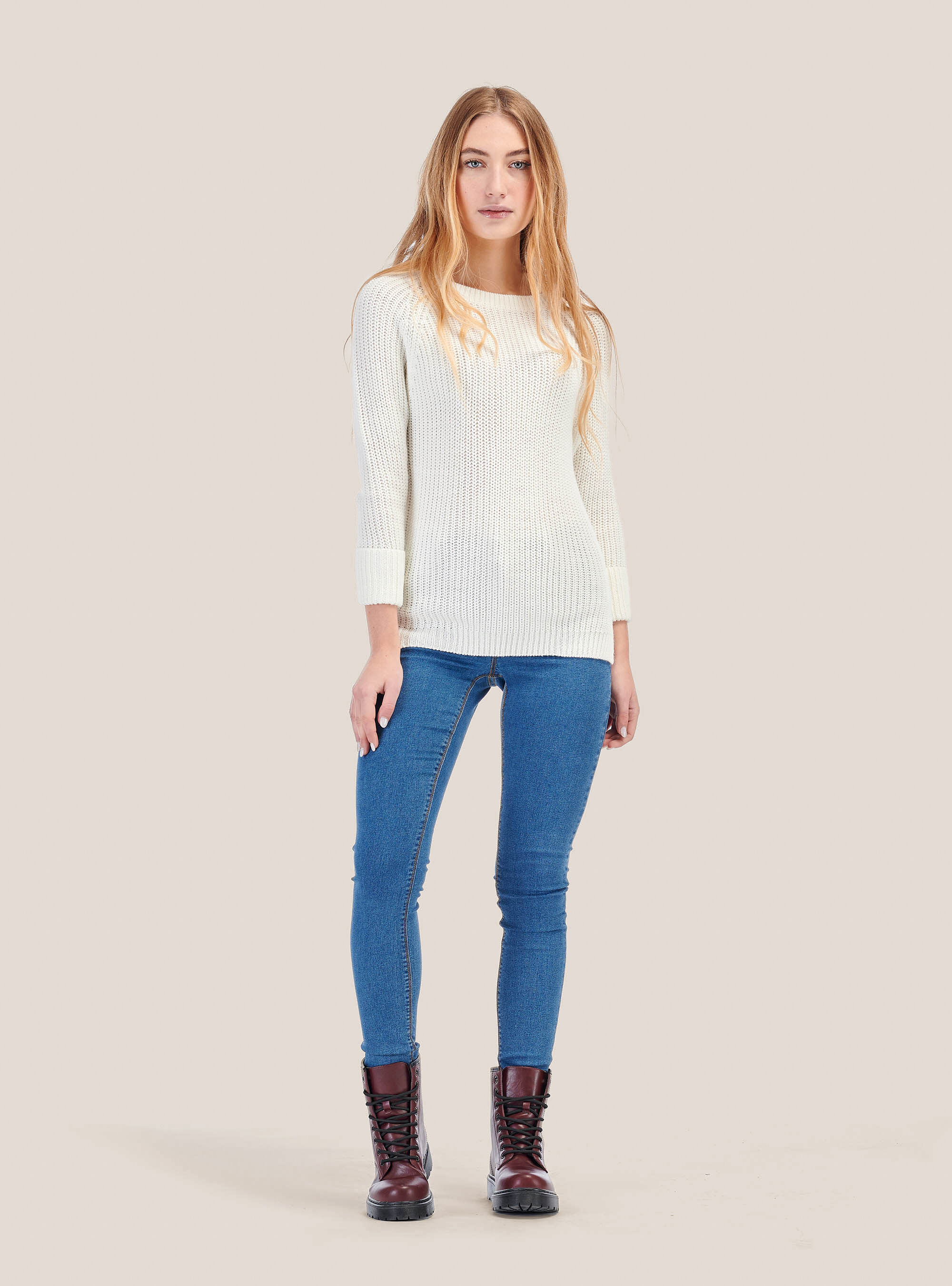 Round neck pullover with zip on the back, C0009 OFF WHITE
