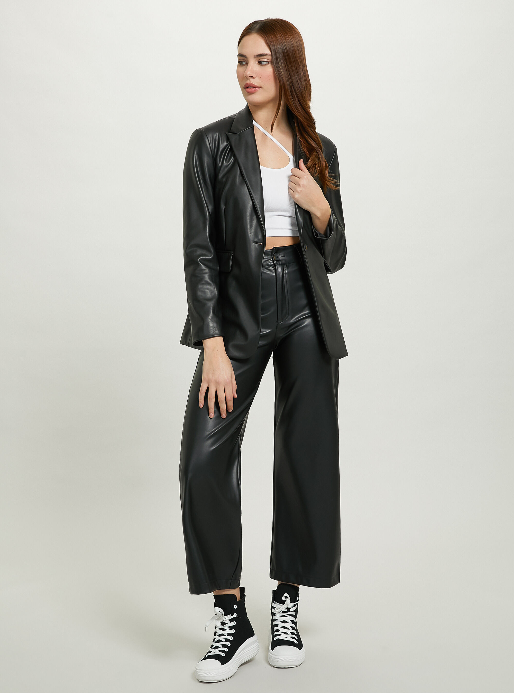 Leather-effect single-breasted blazer, BK1 BLACK