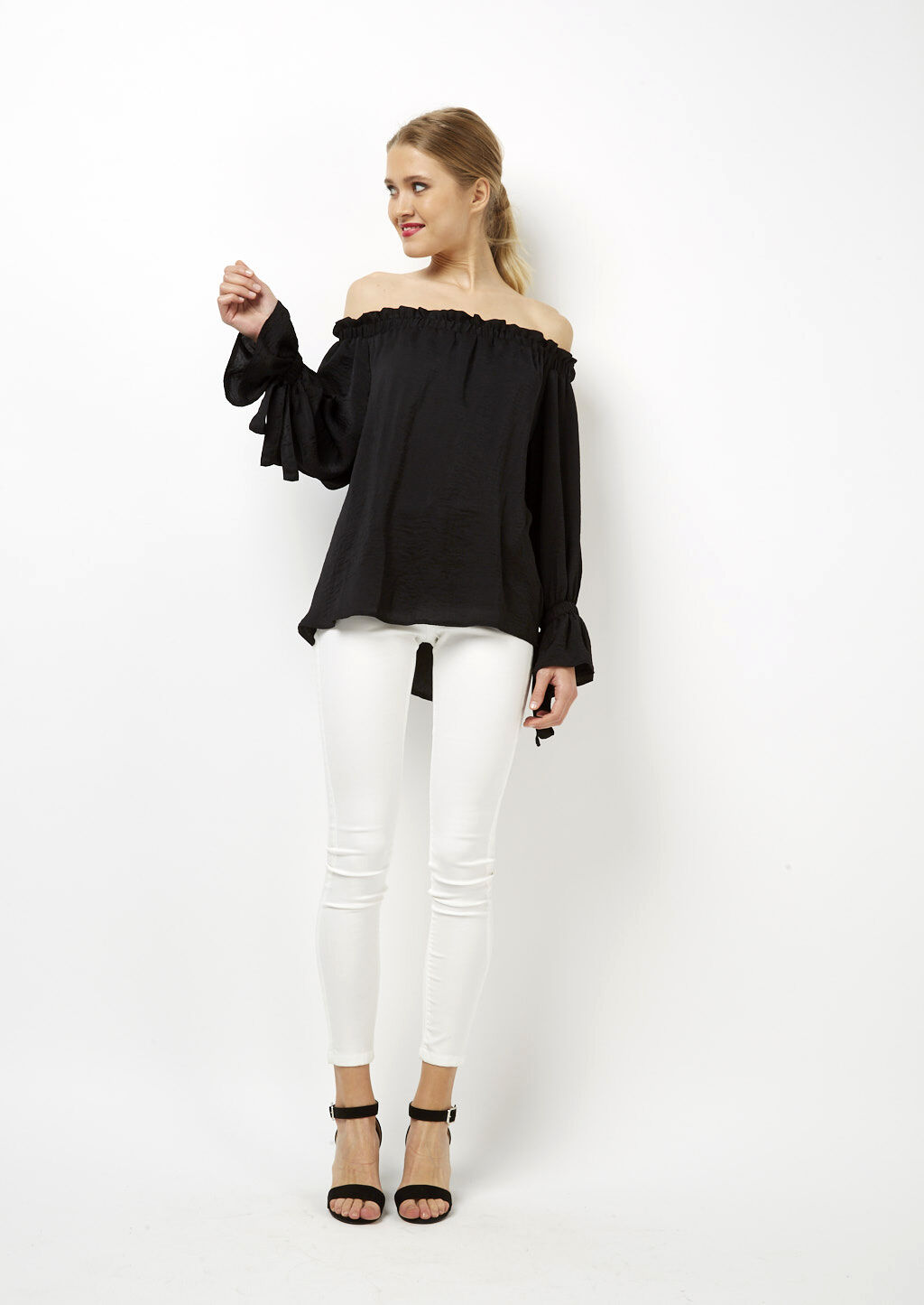 Blusa con scollo bardot, BLACK