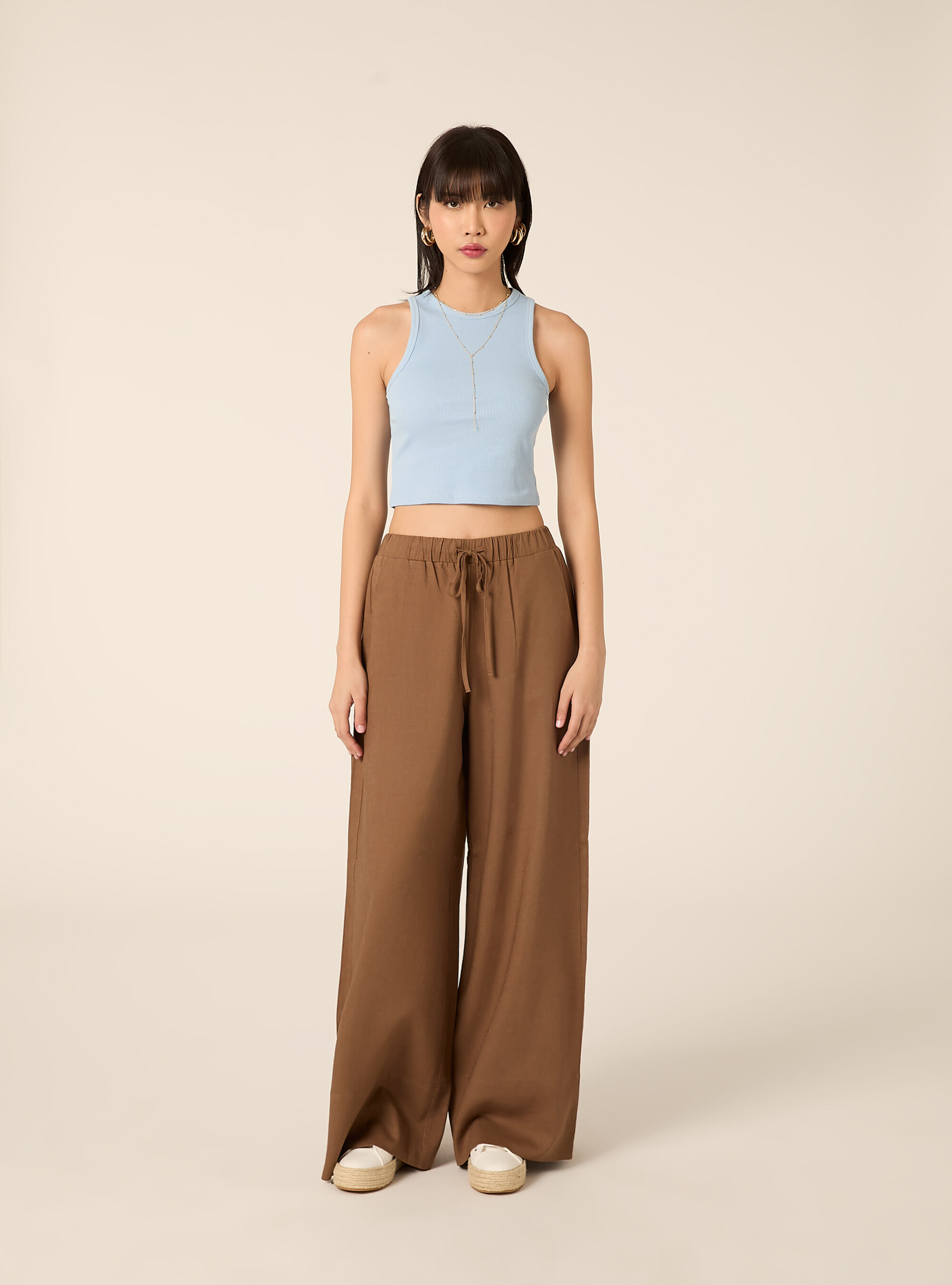 Pantaloni lunghi loose fit in misto lino, MARRONE MEDIO