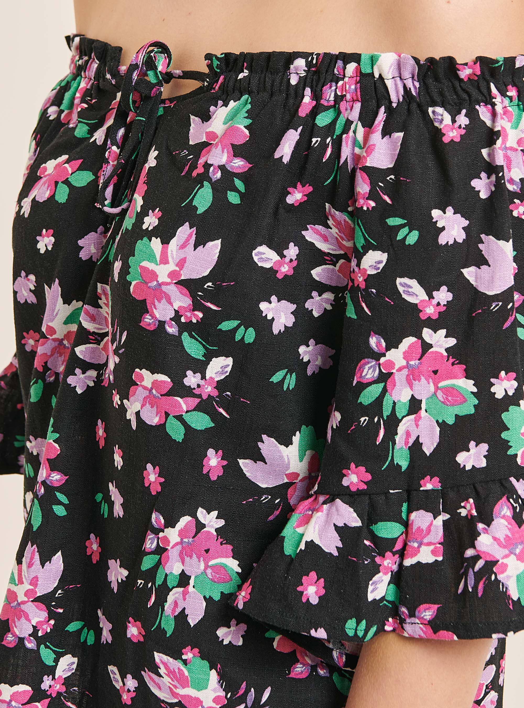 Blusa in misto lino con scollo bardot e fantasia a fiori, MULTICOLORE