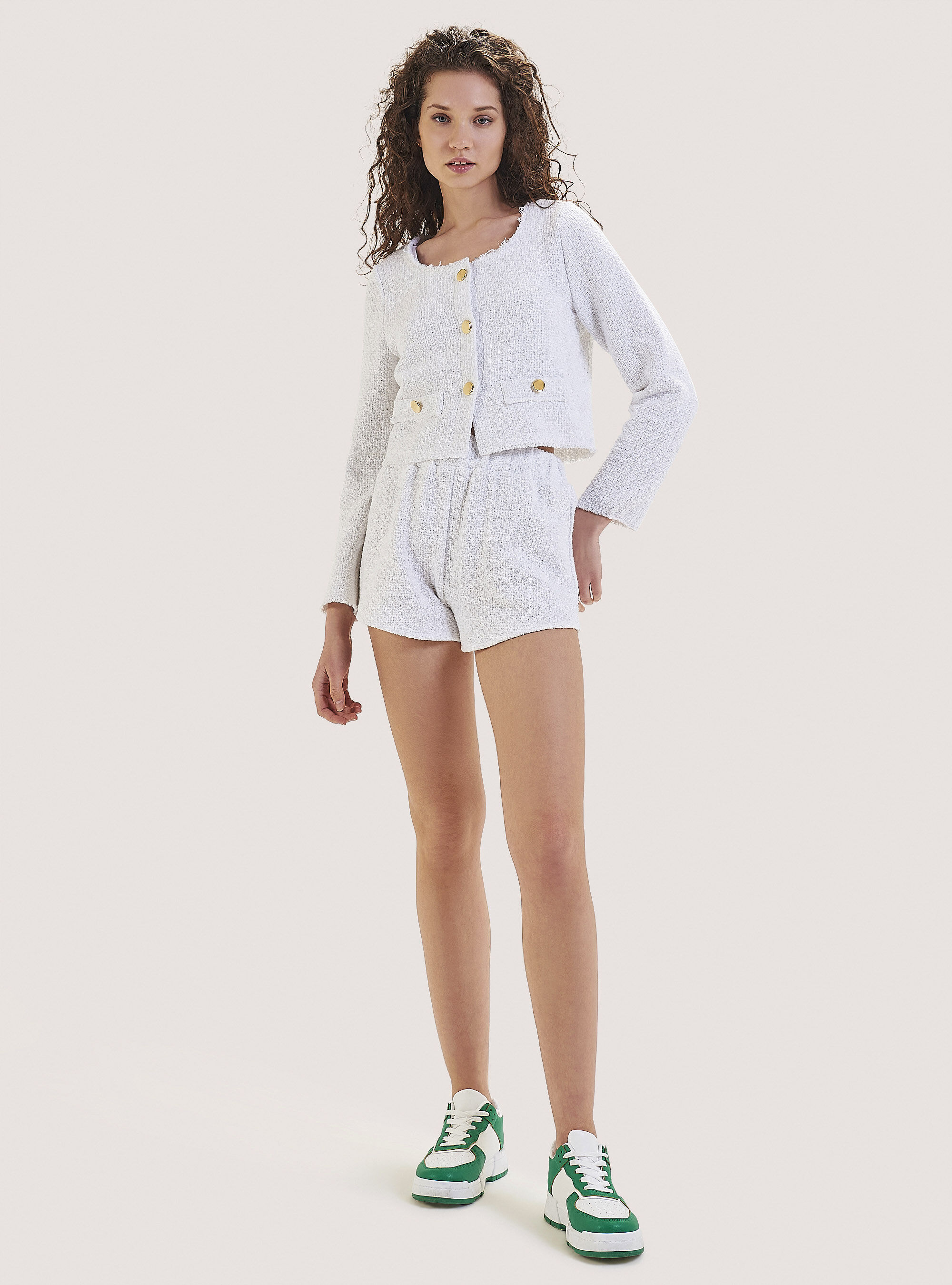 Boucl&eacute; fabric crew neck blazer, C0578 BEIGE