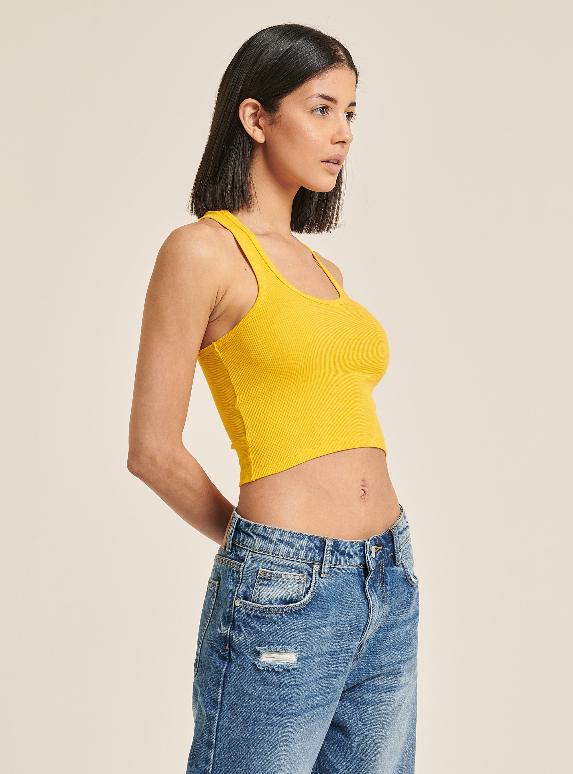 Ribbed cropped top with x-neckline at the back, C7713 YELLOW