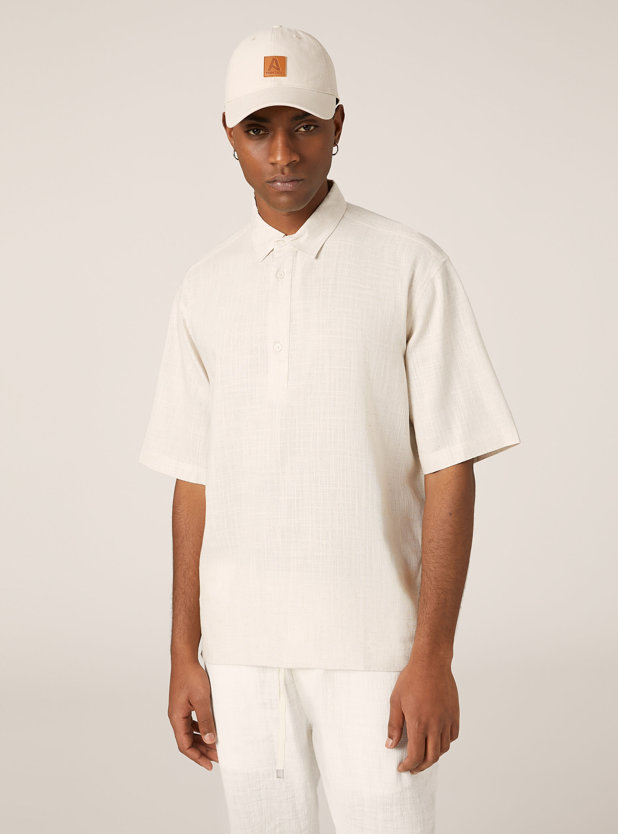 Linen blend short-sleeved shirt, MBG3 BEIGE MEL LIGHT