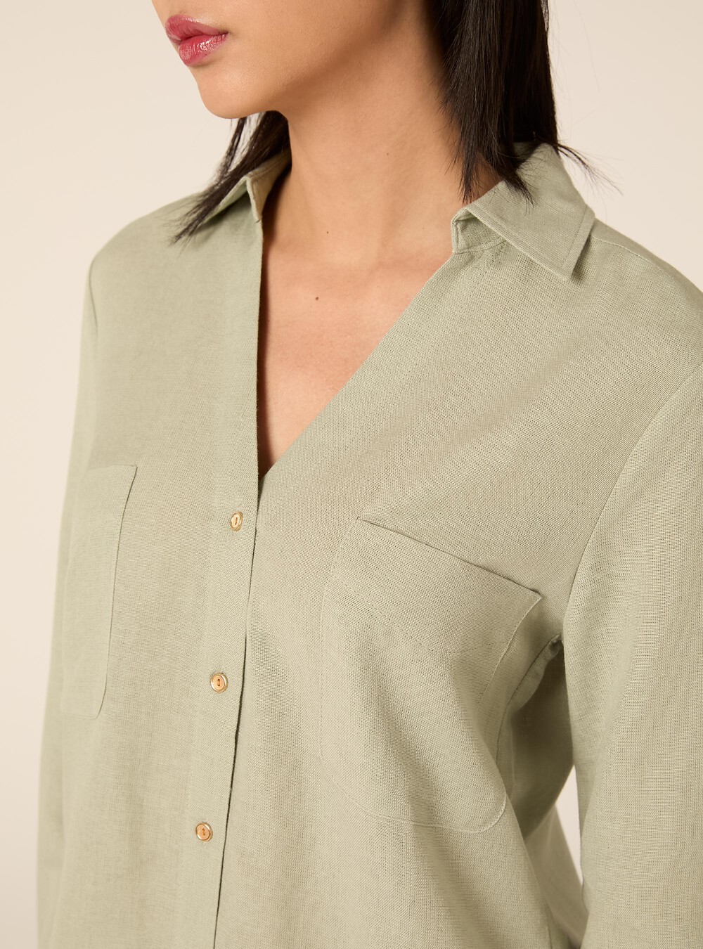 Linen-blend shirt with a V-neck, SG3 SAGE LIGHT
