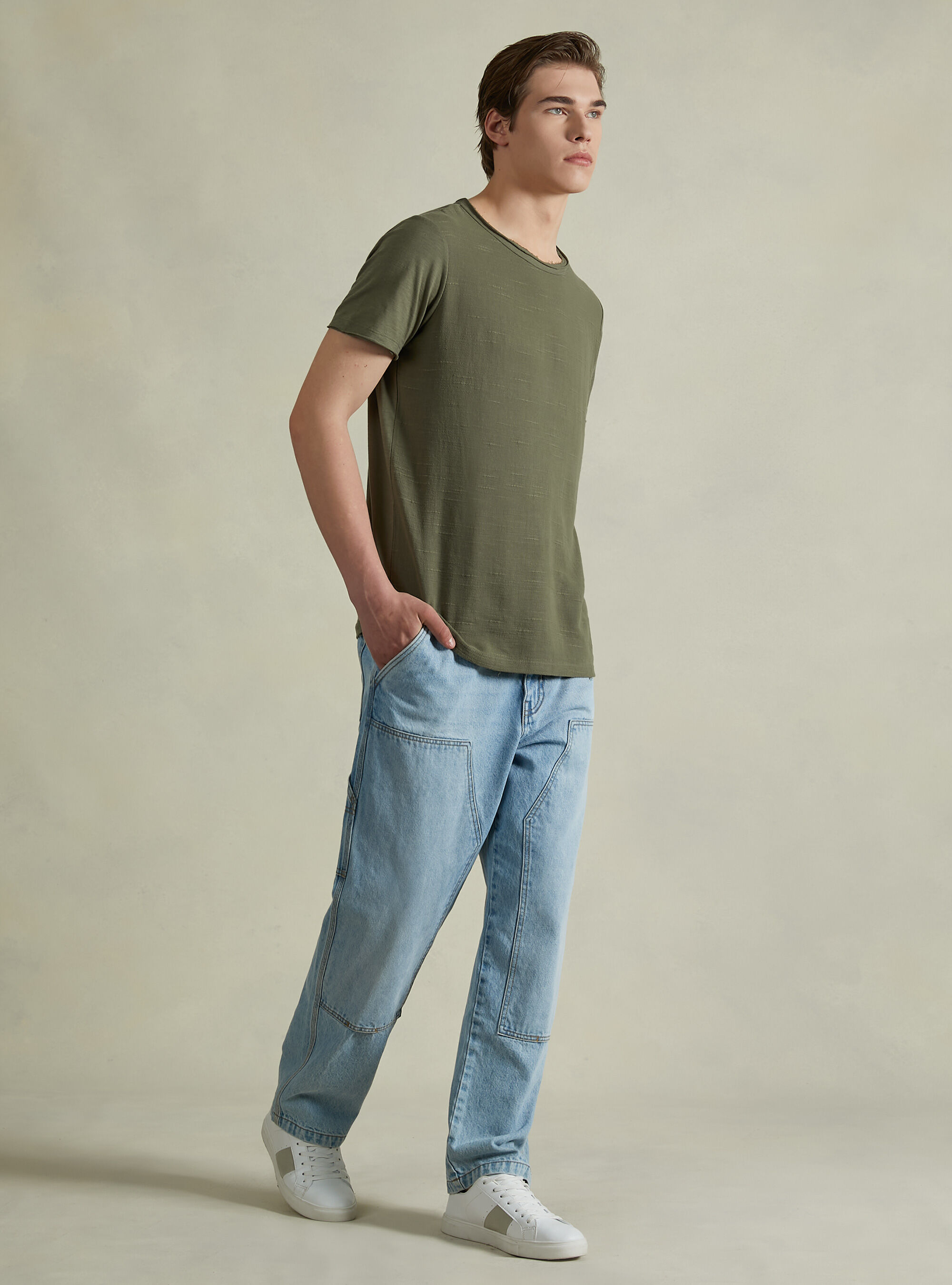 Linen-blend T-shirt in slub fabric, KY2 KAKY MEDIUM