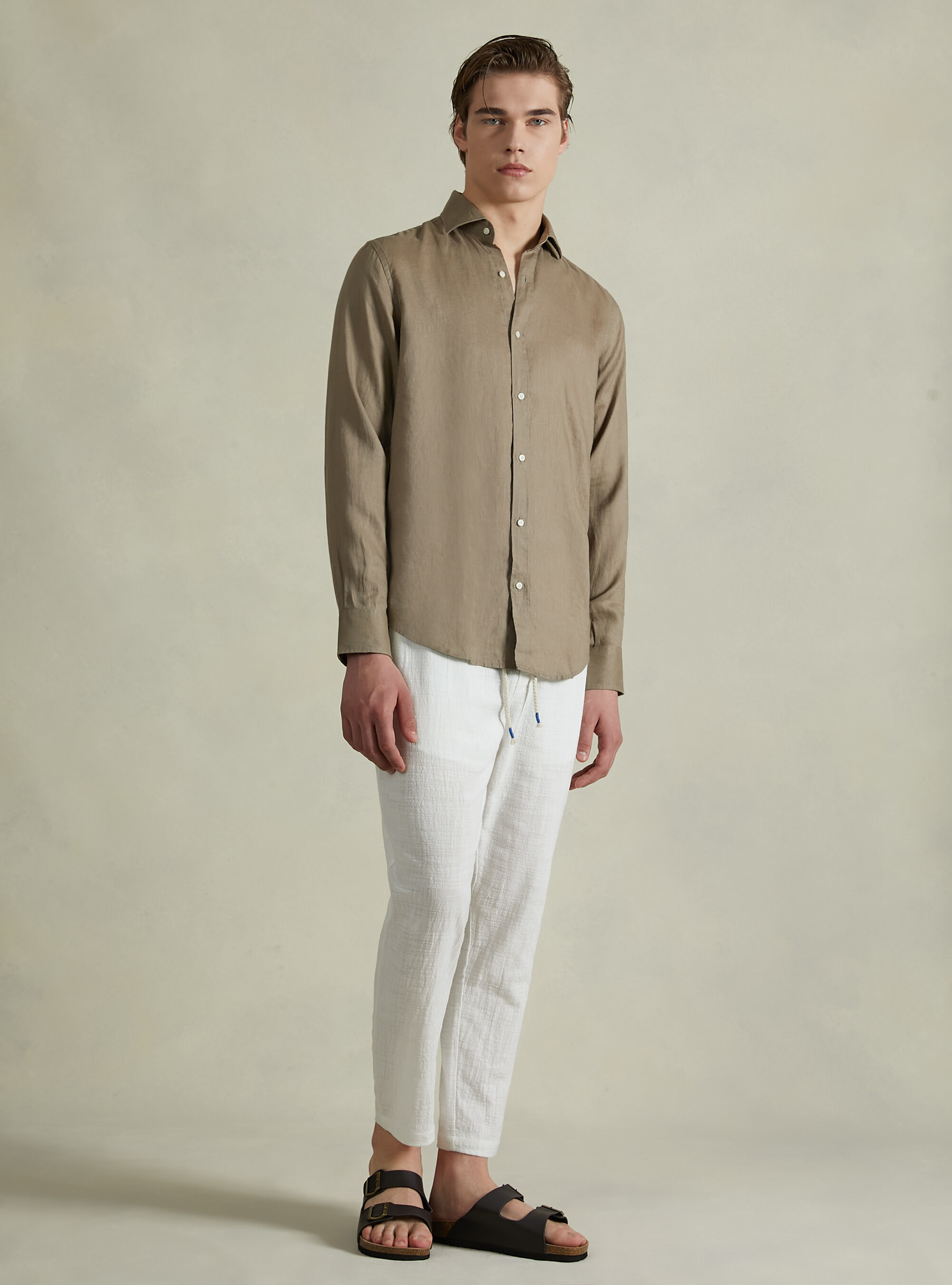 Camicia in puro lino a maniche lunghe, BG1 BEIGE DARK