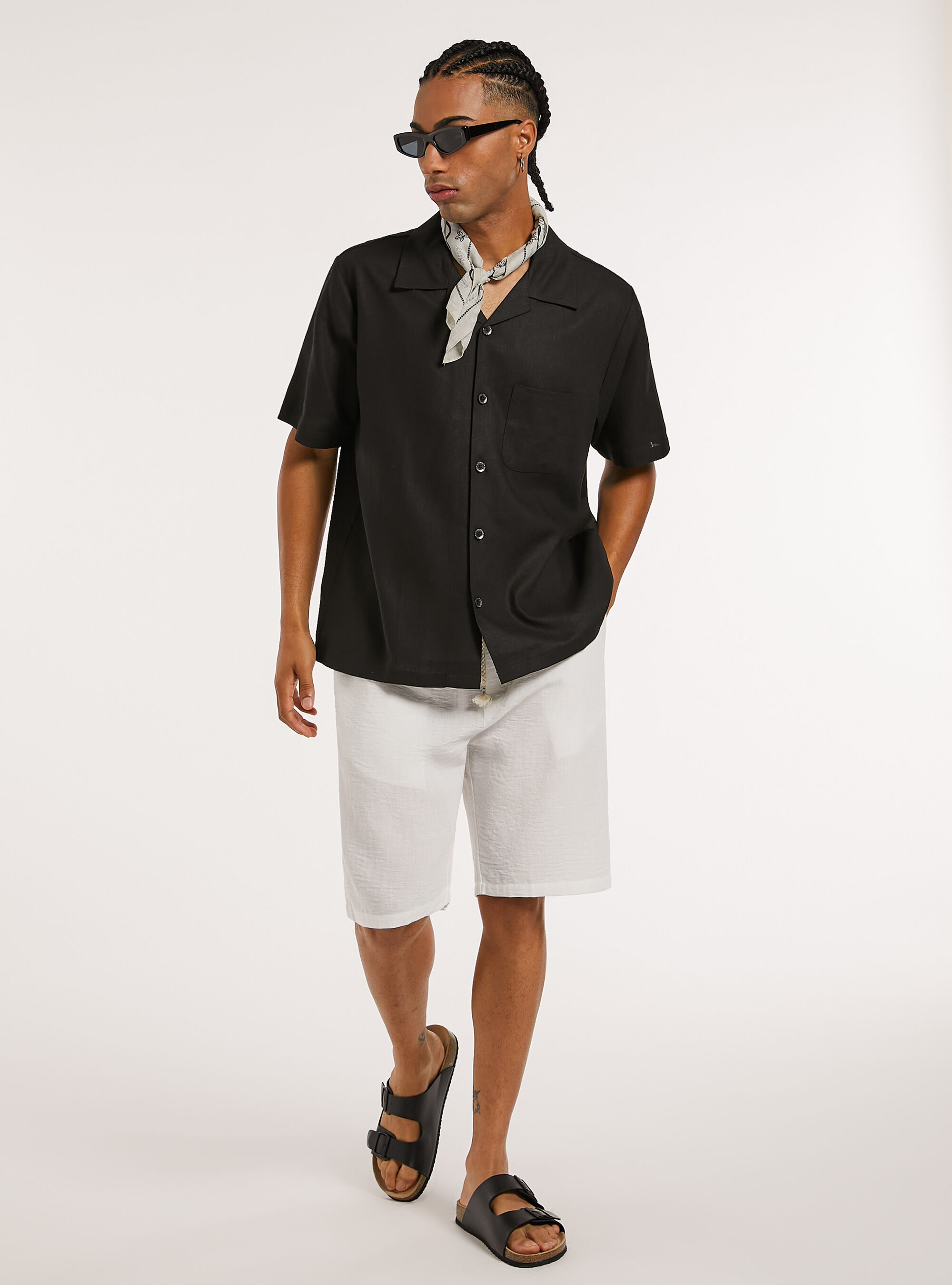 Camicia in misto  lino con tascone, BK1 BLACK
