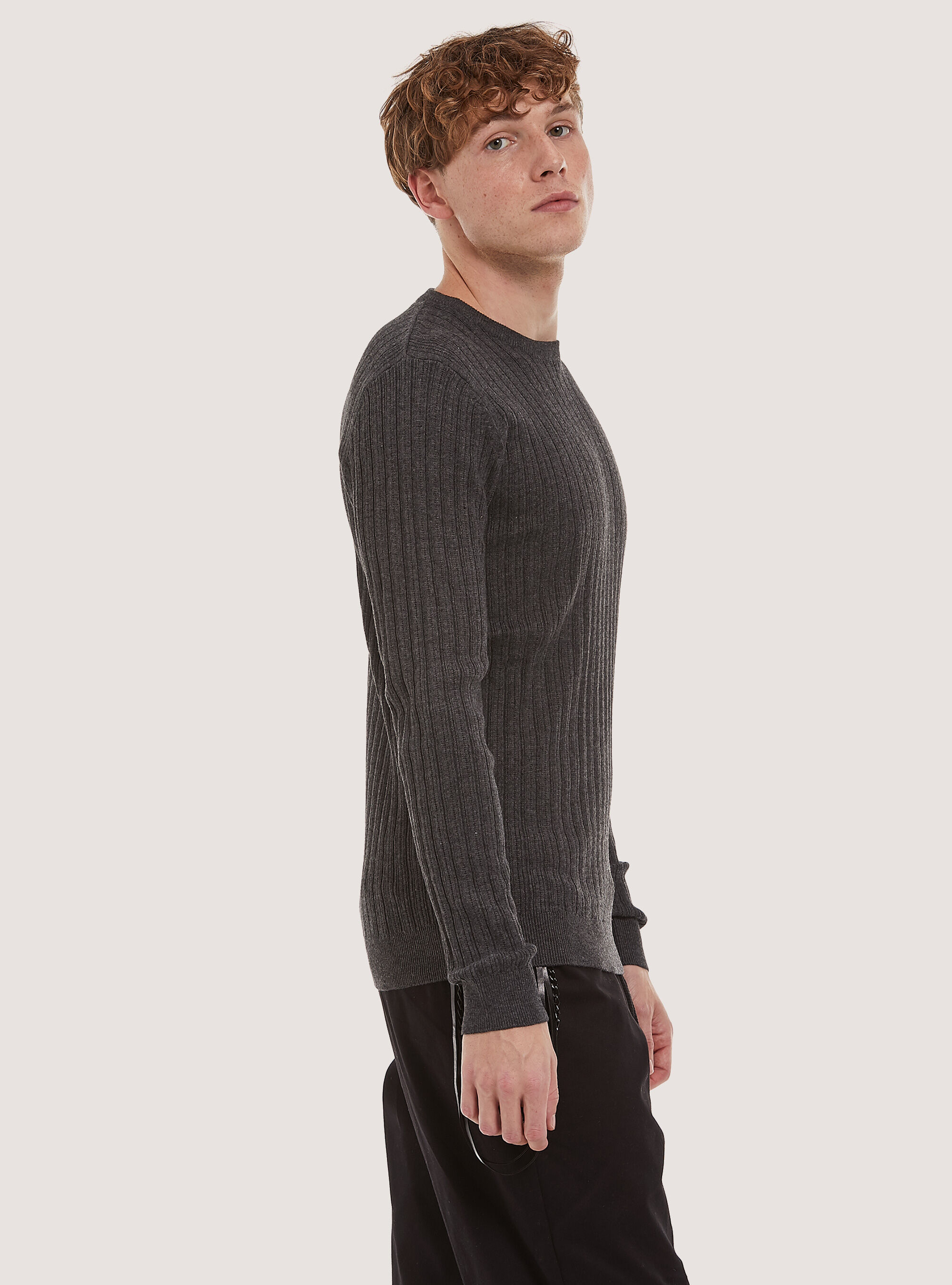 Crew-neck pullover with texture, MGY1 GREY MEL DARK