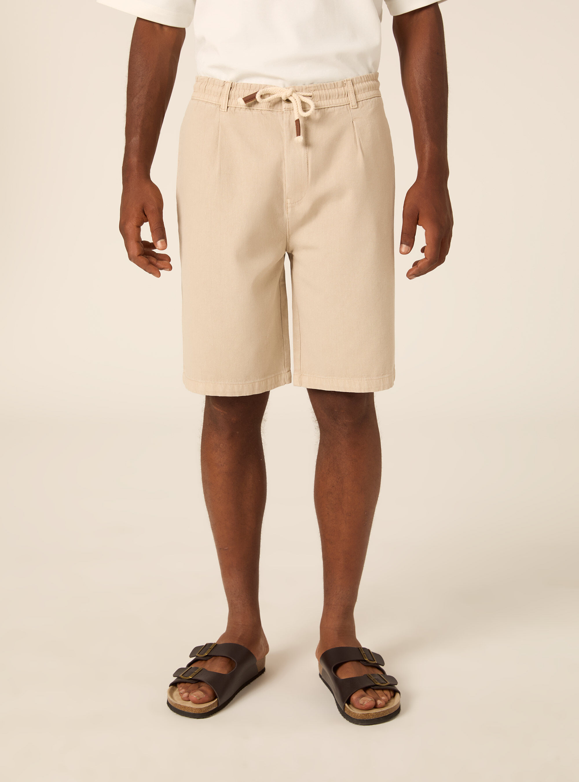 Pleated Baby Twill Drawstring Bermuda Shorts