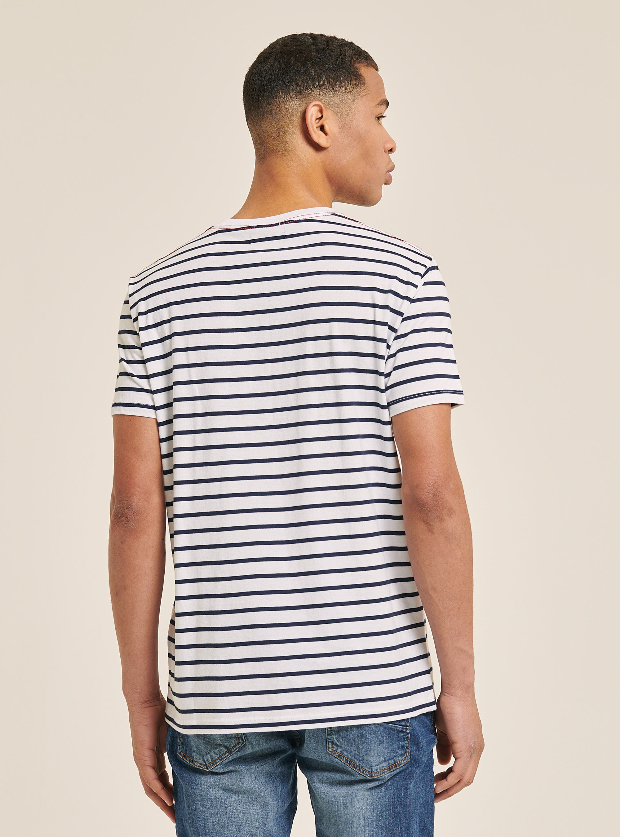 Maglietta a righe con taschino denim, MULTICOLORE