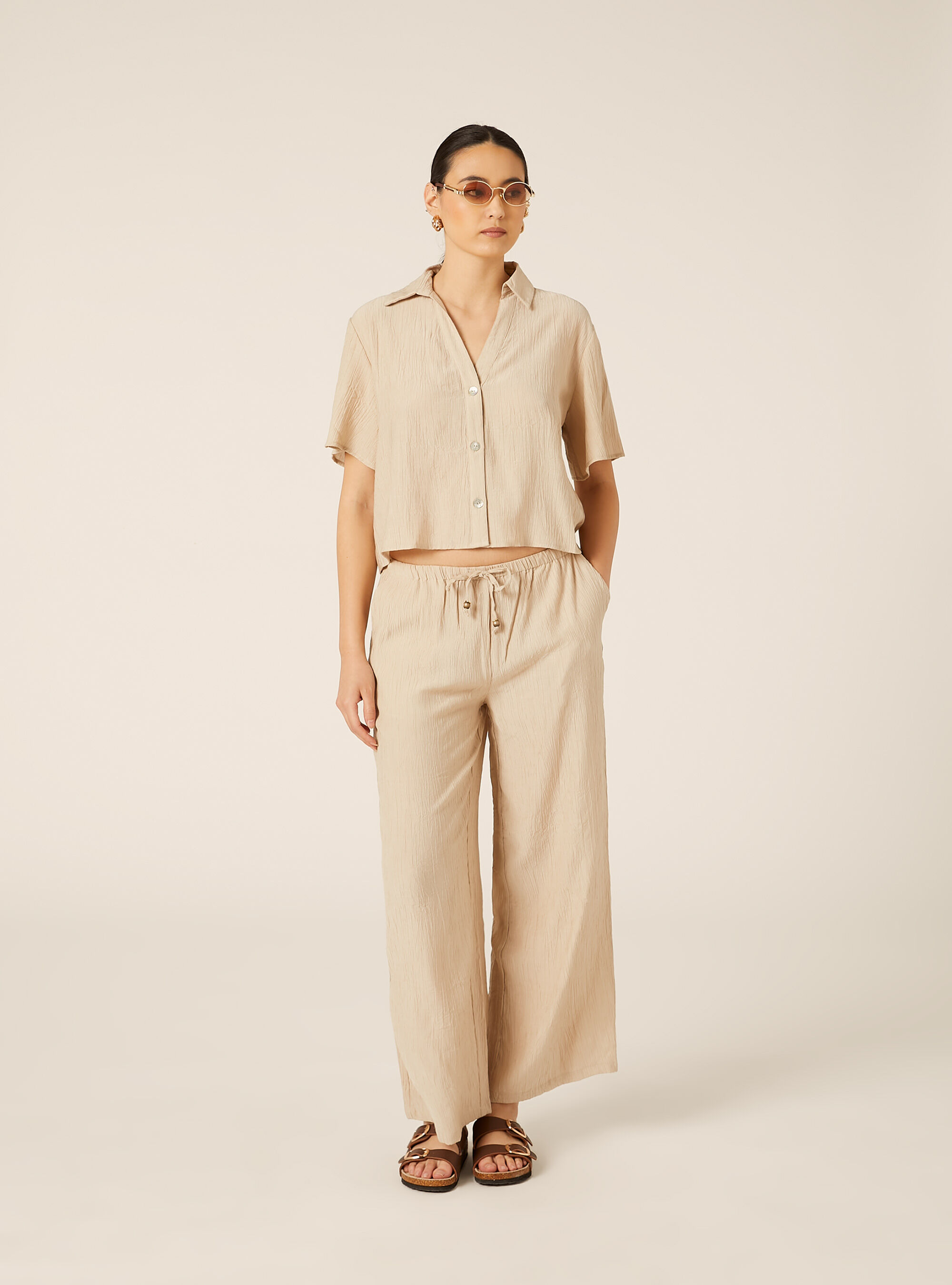 Pantaloni ampi con vita elasticizzata in crepe, BEIGE MEDIO