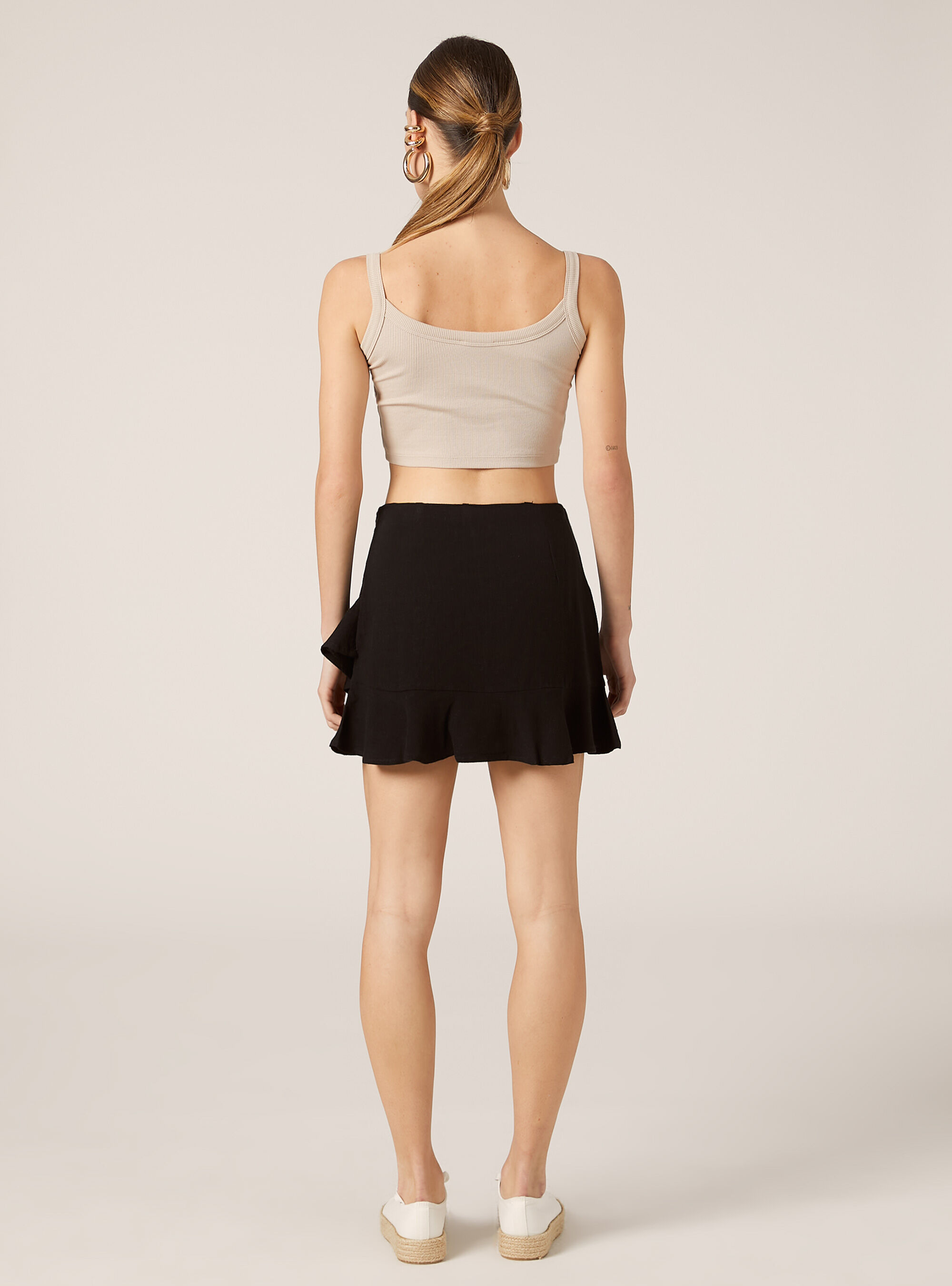 Mini jupe &agrave; volants en lin m&eacute;lang&eacute;, BK1 BLACK