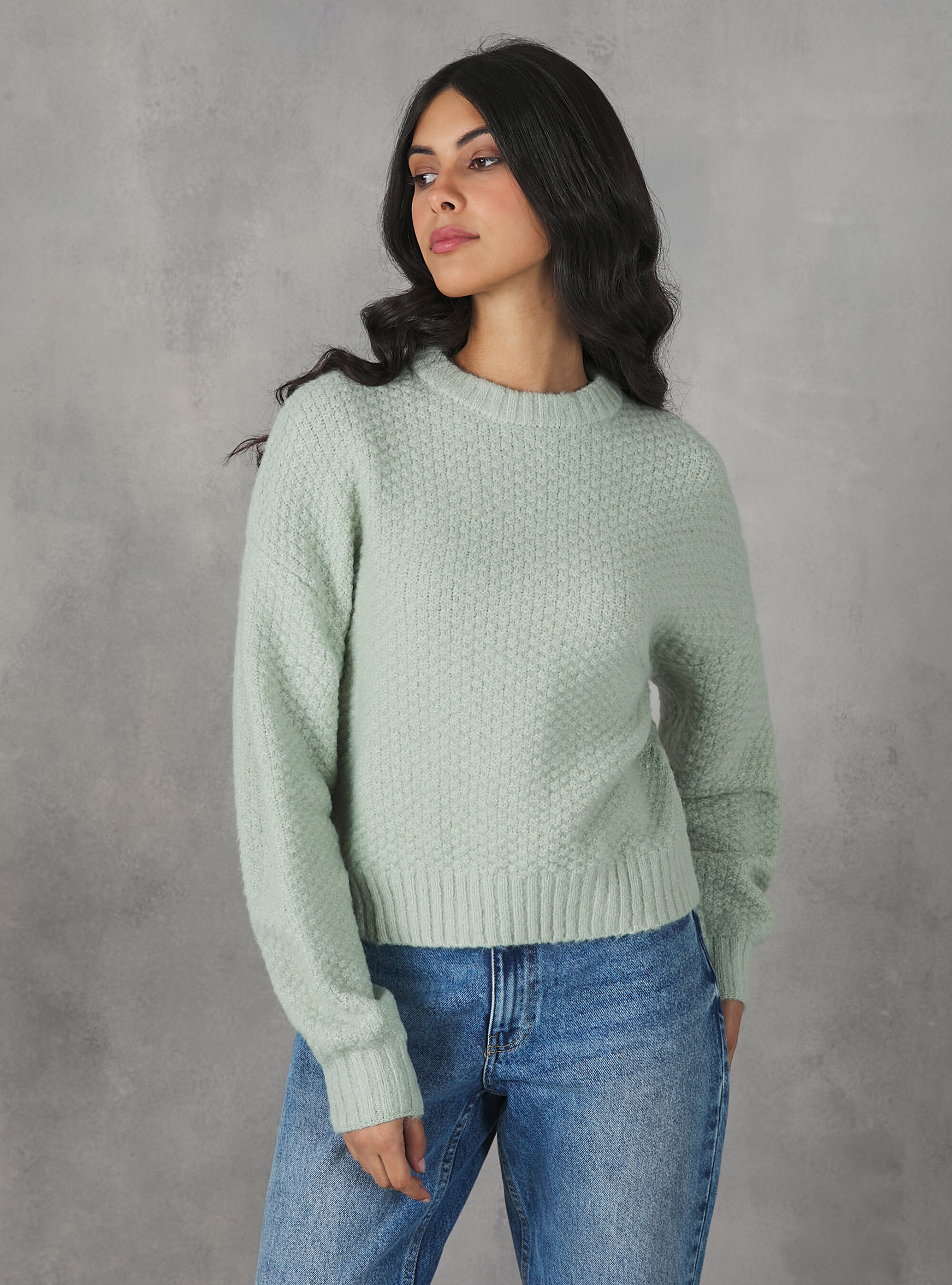 Pullover girocollo punto pop corn, C6585 GREEN