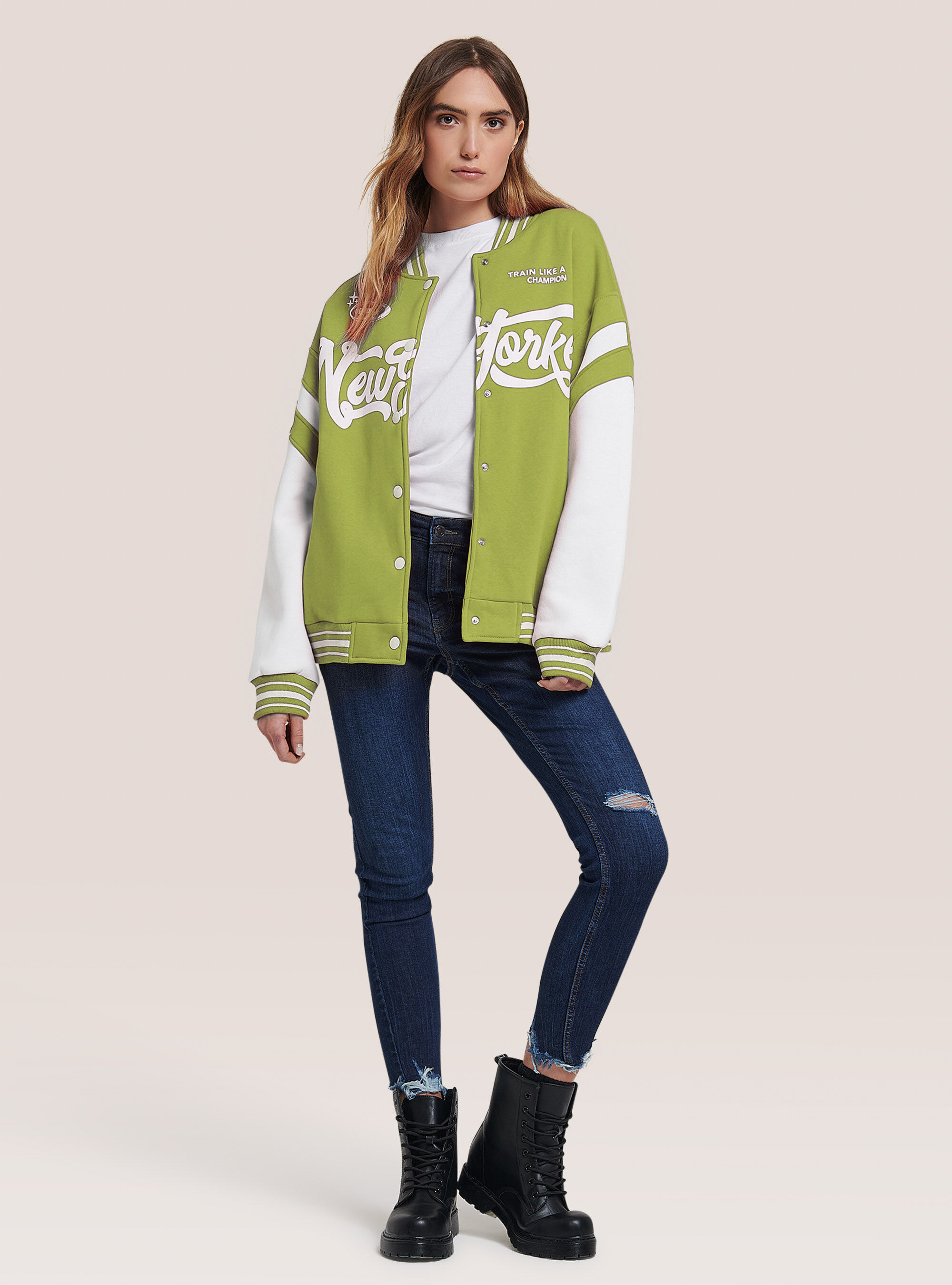 College Bomber Jacket with Print, GN3 LIGHT GREEN