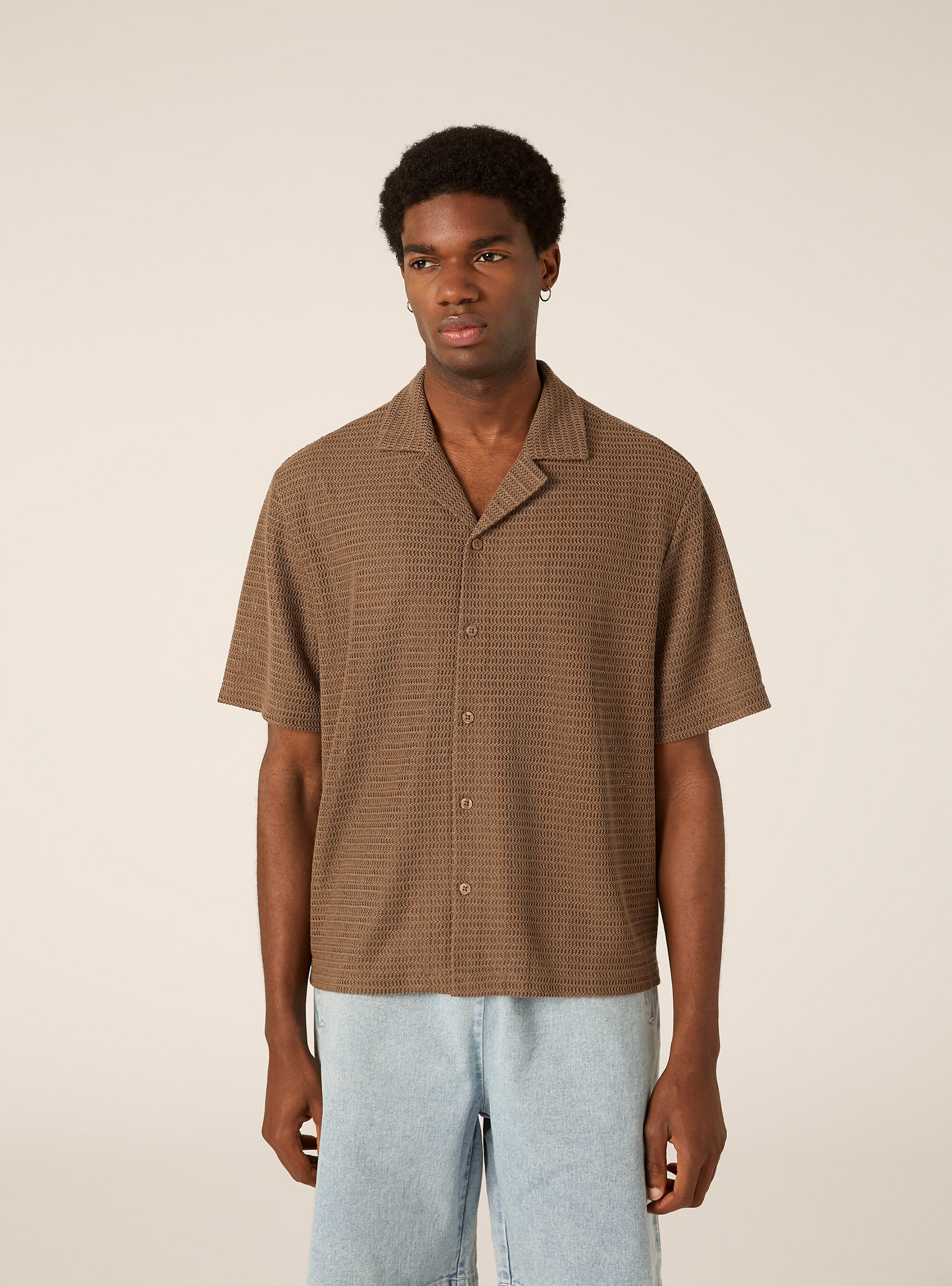 Camicia bowling regular fit effetto rete, BR3 BROWN LIGHT