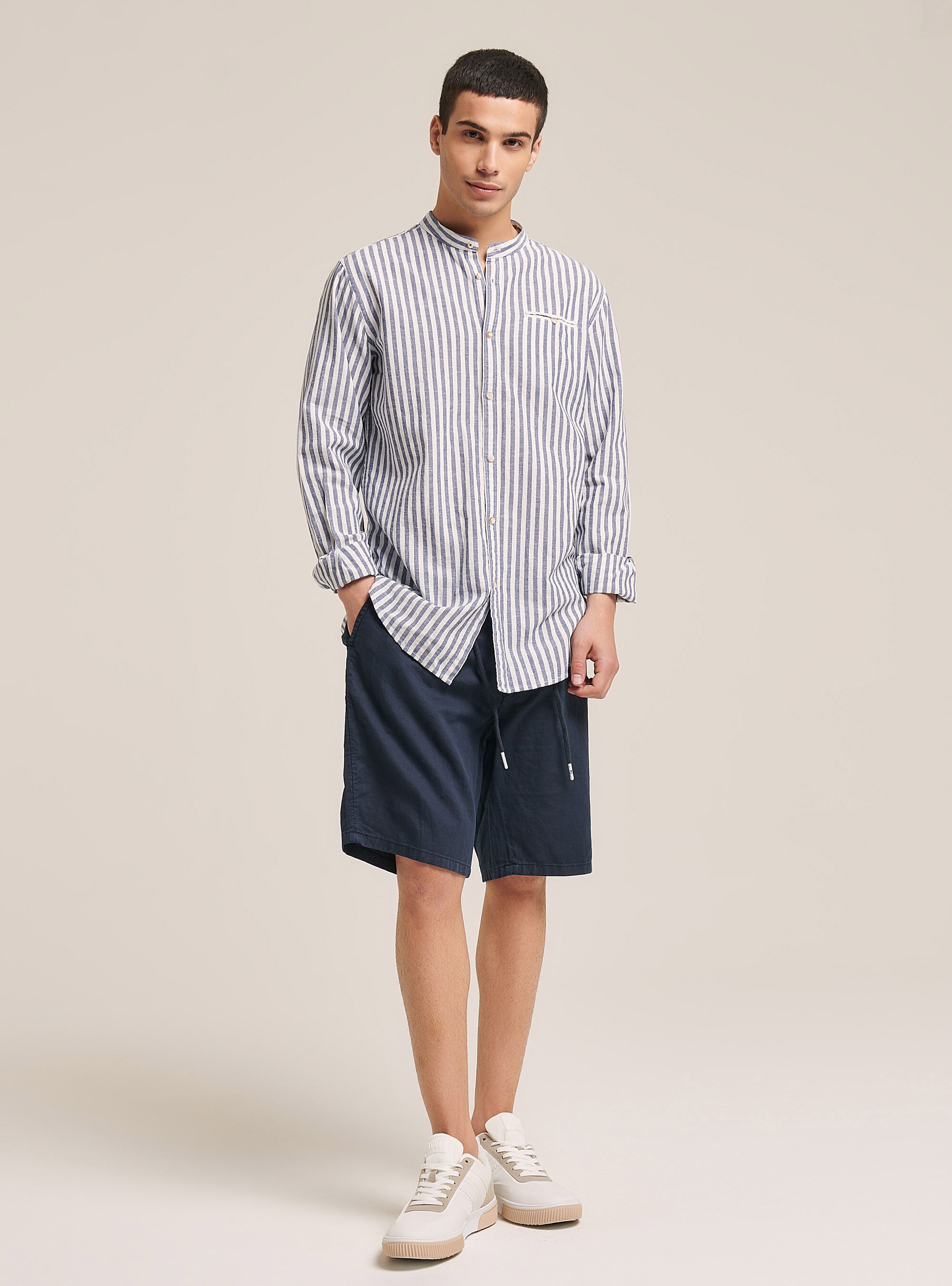 Linen blend striped shirt with Korean collar, MULTICOLOR