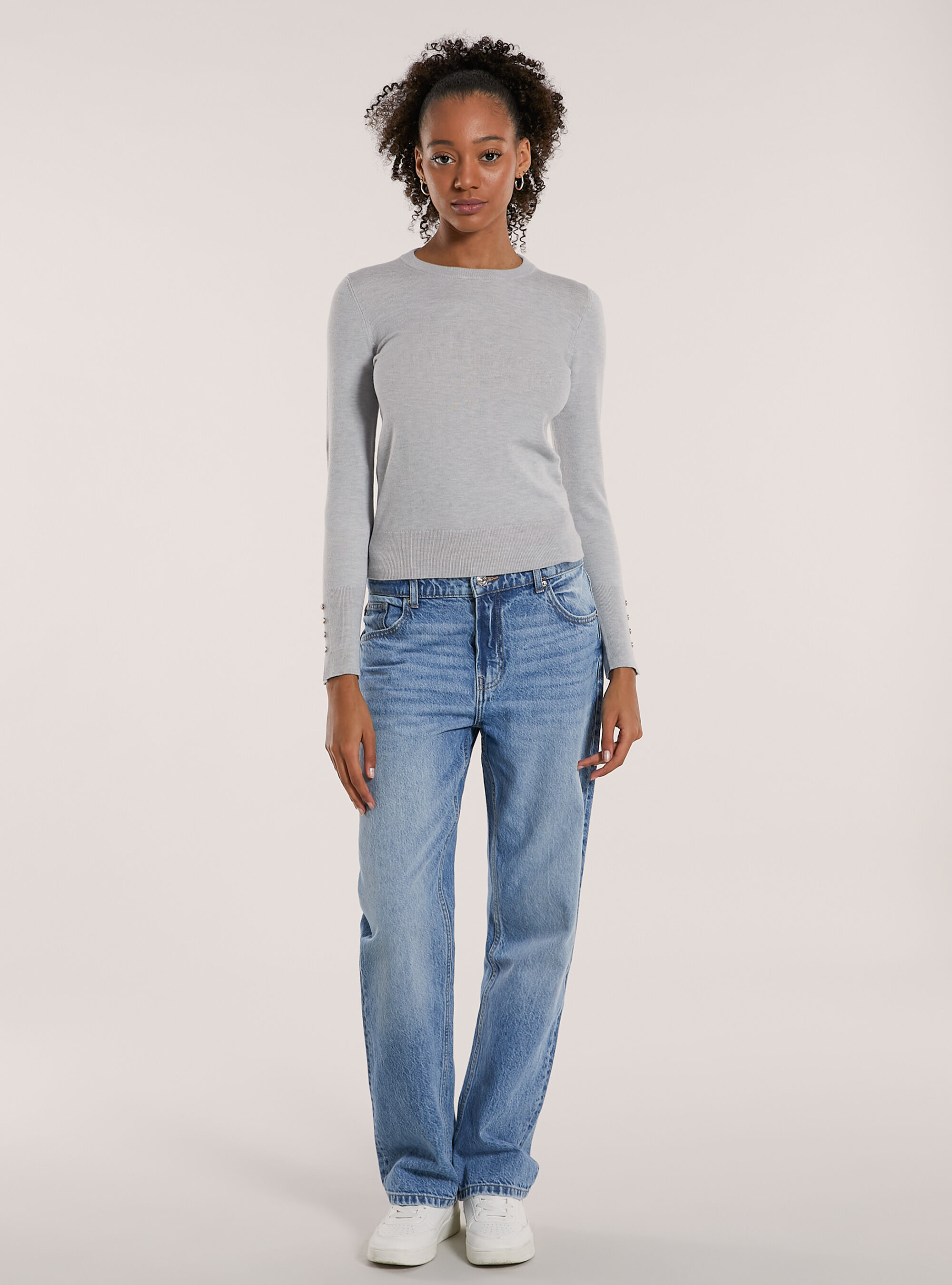 Maglia girocollo con bottoni, MGY1 GREY MEL DARK