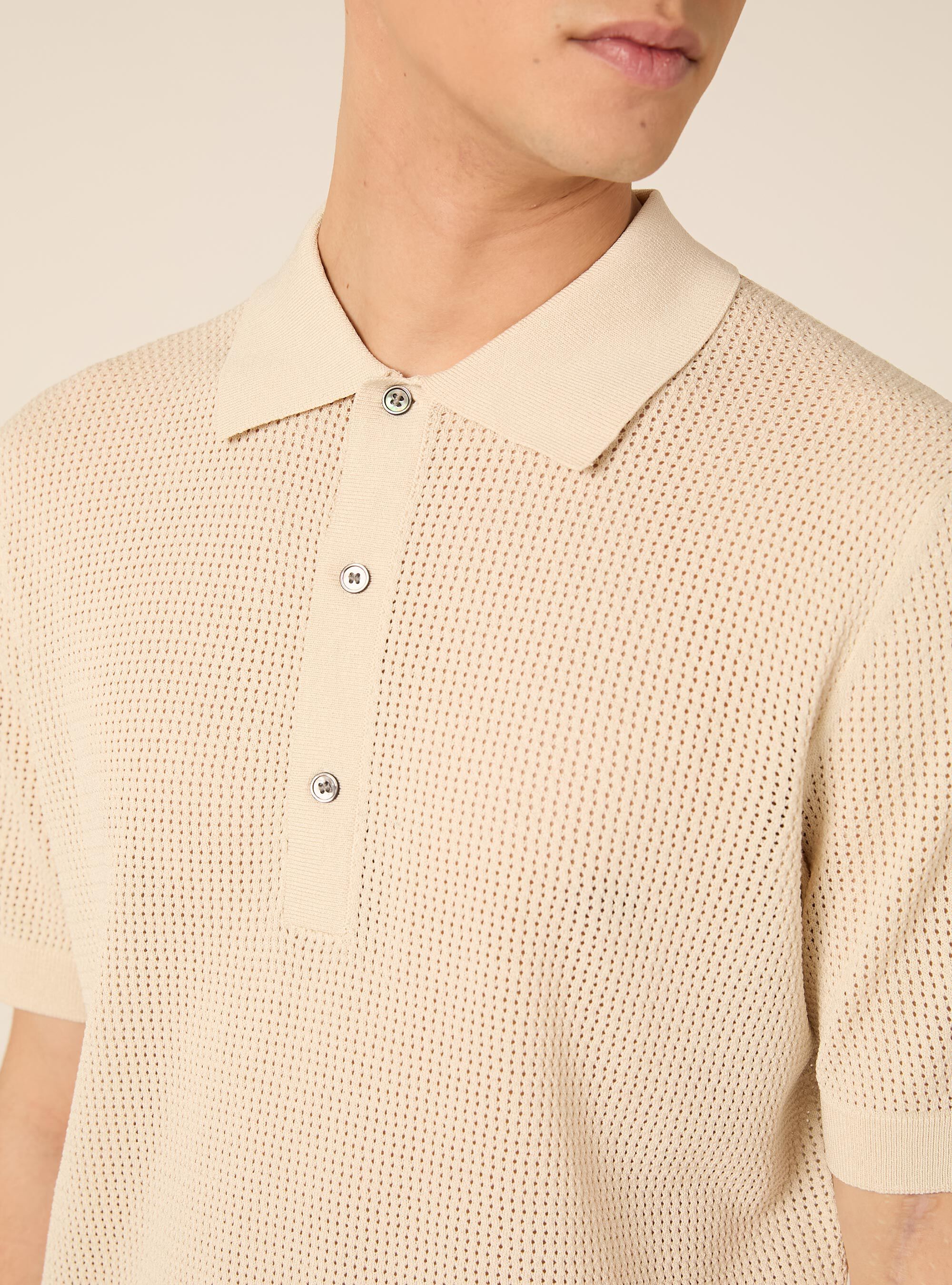 Maglia polo in crochet in misto viscosa, CREMA CHIARO