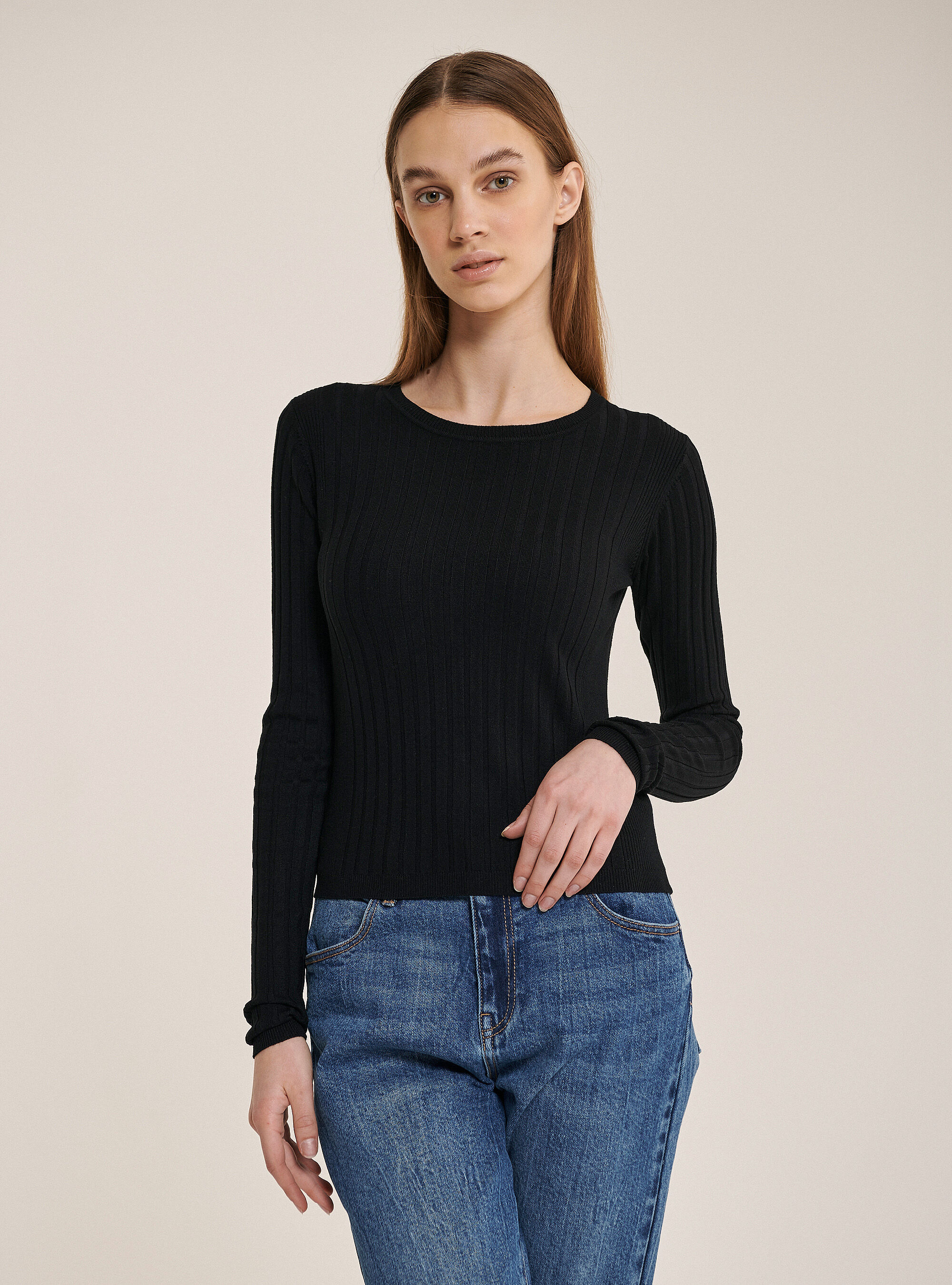 Cropped ribbed pullover, BLACK