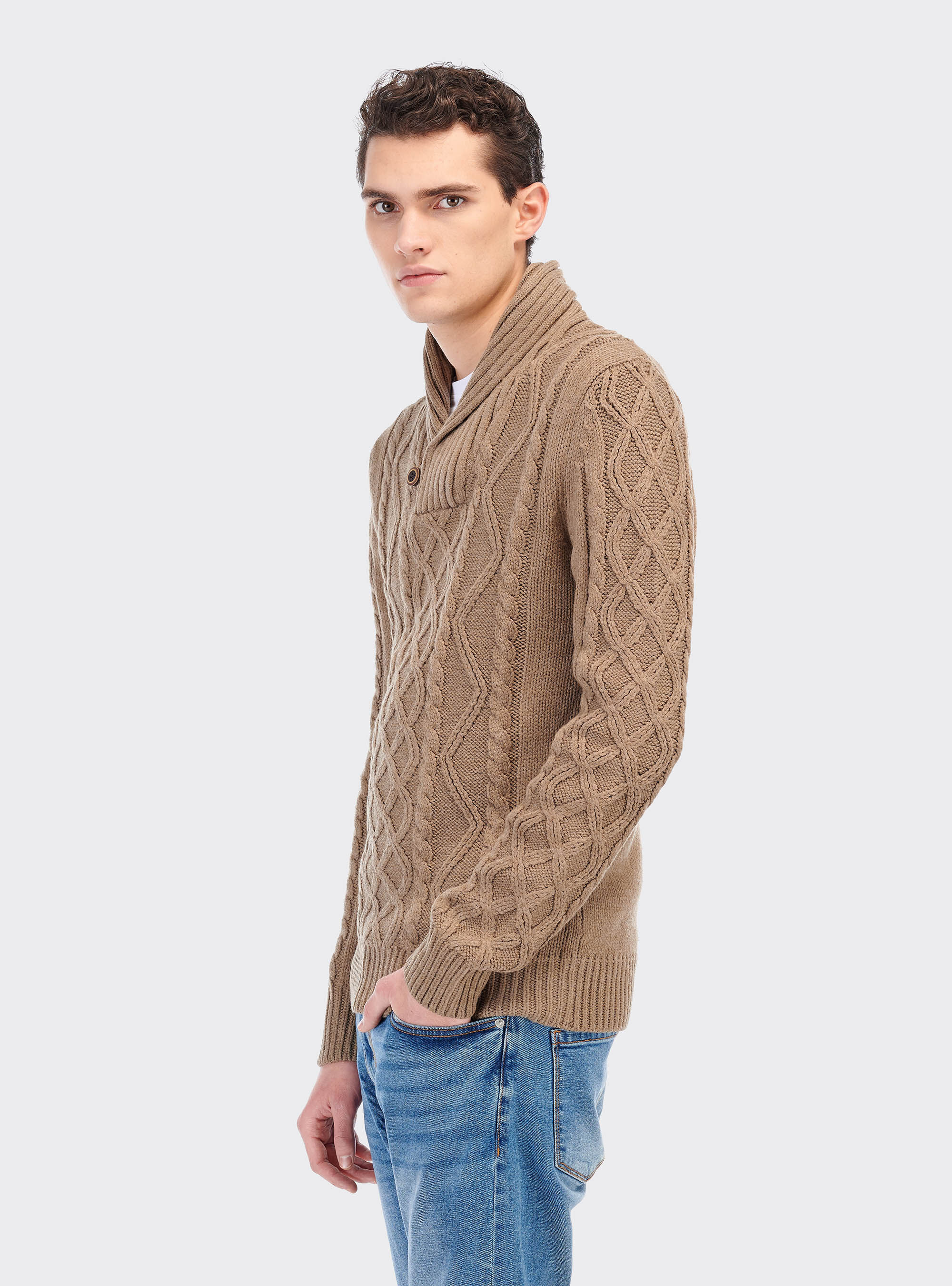 Pullover collo sciallato, MARRONE CHIARO