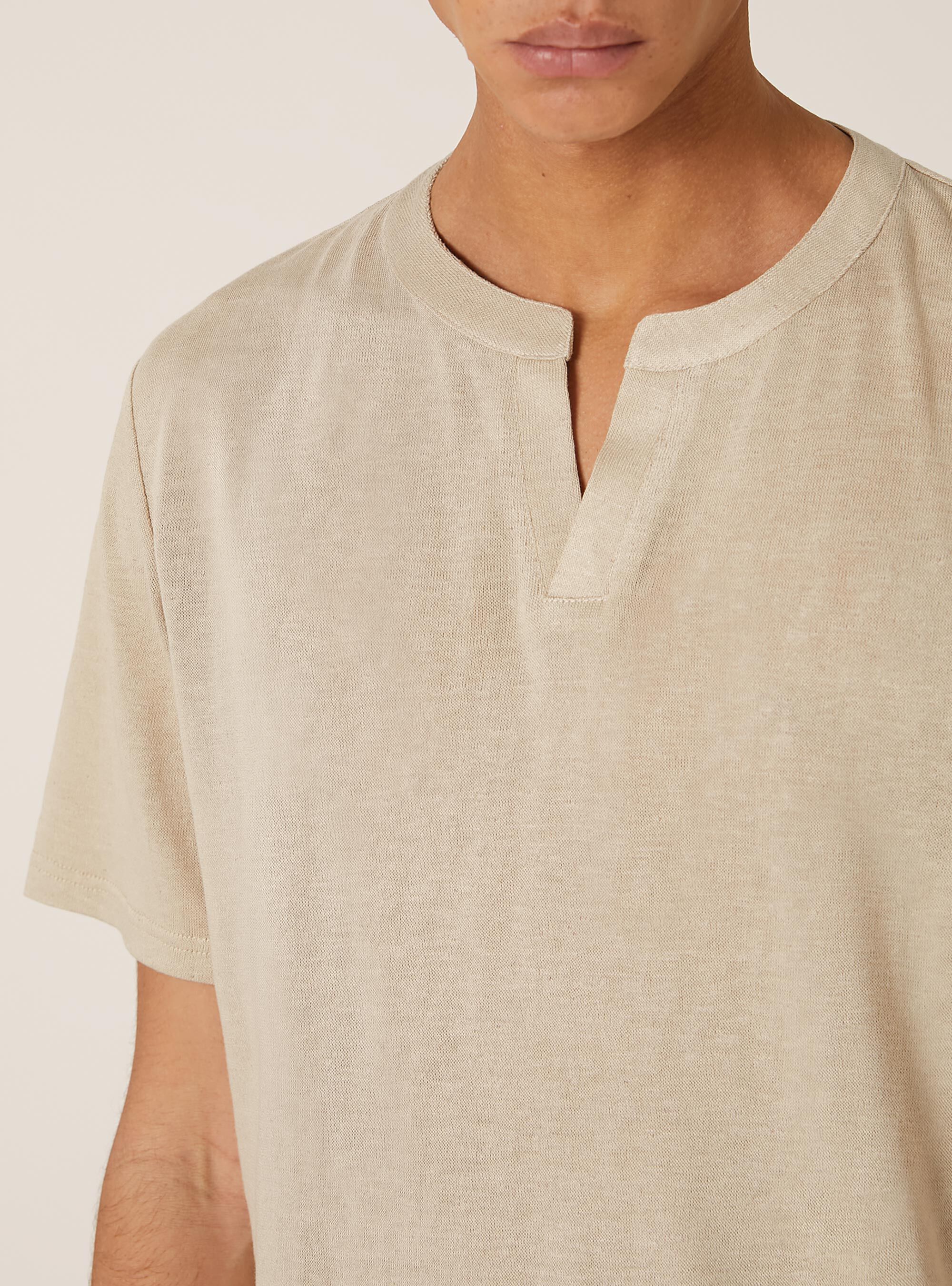 Linen-effect serafino neckline T-shirt, BG2 BEIGE MEDIUM