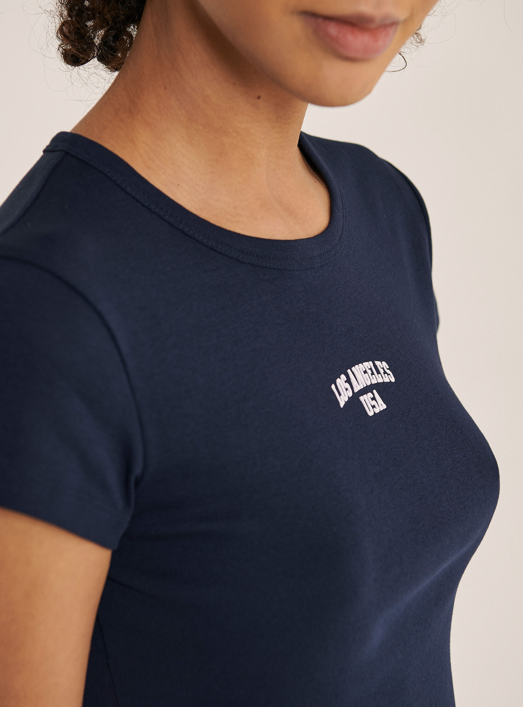 Crop top with front lettering print in cotton, BLUE