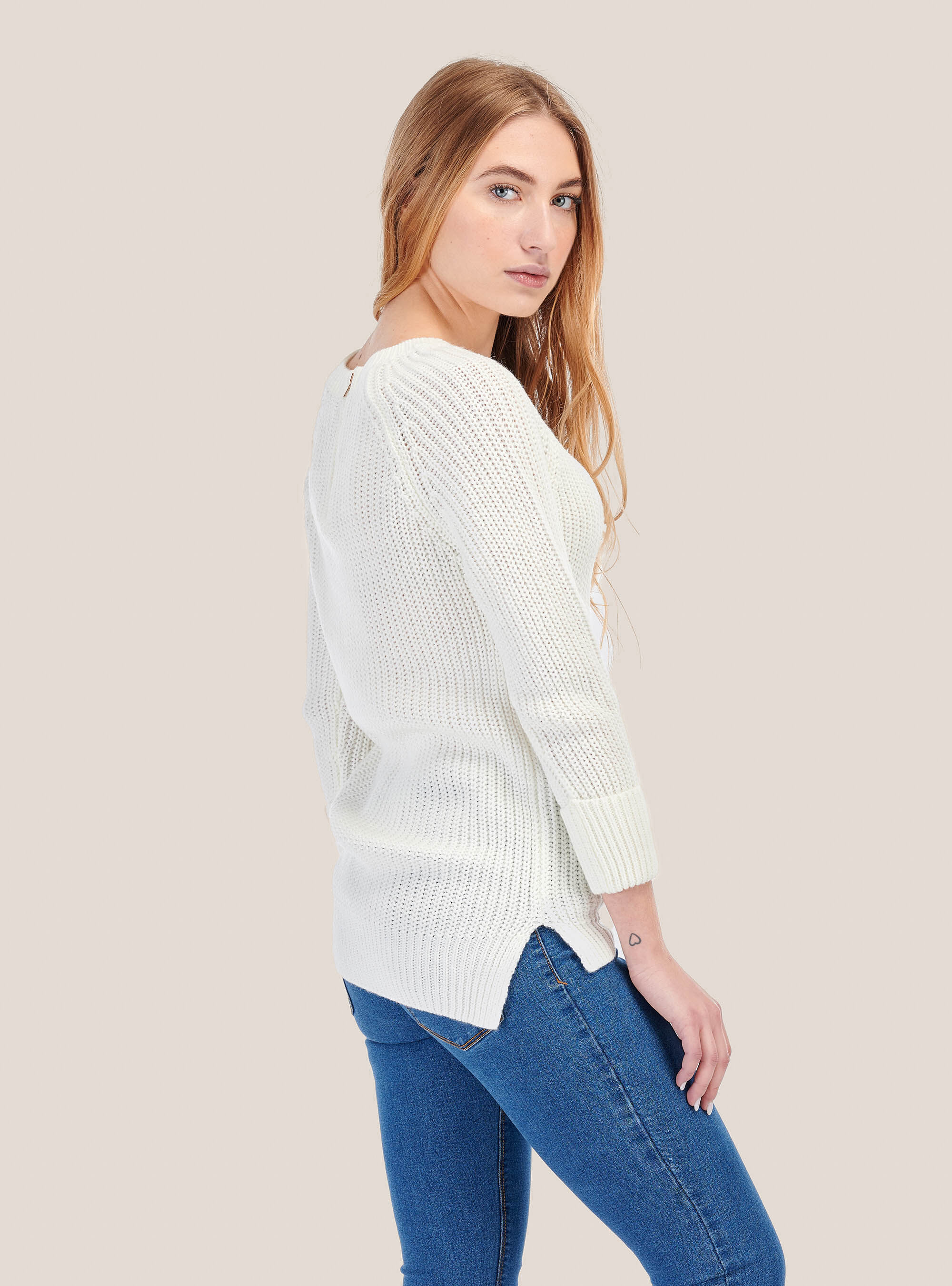 Round neck pullover with zip on the back, C0009 OFF WHITE