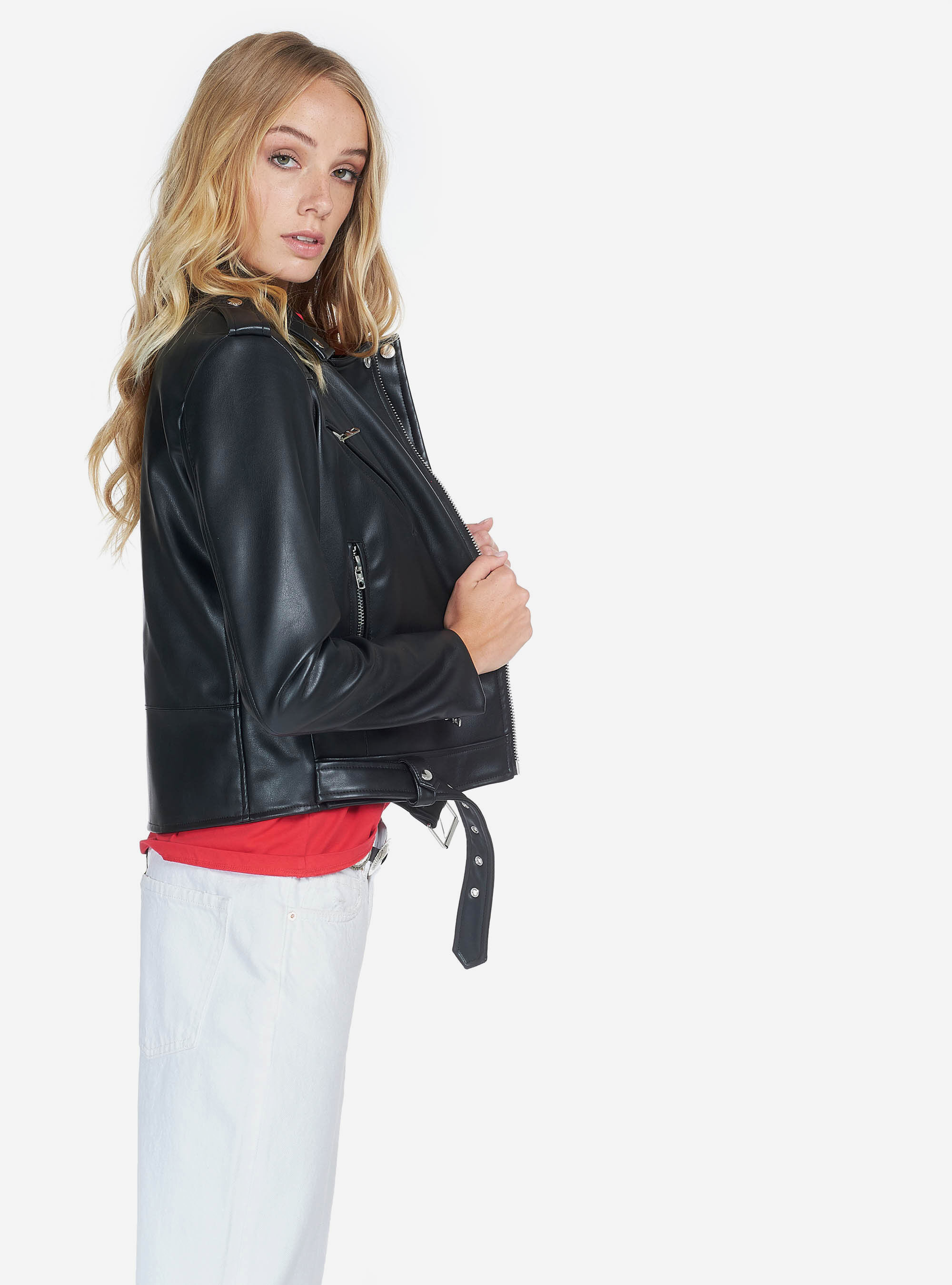 CAZADORA DE MOTOCICLISTA DE CUERO ECOL&Oacute;GICO, NEGRO