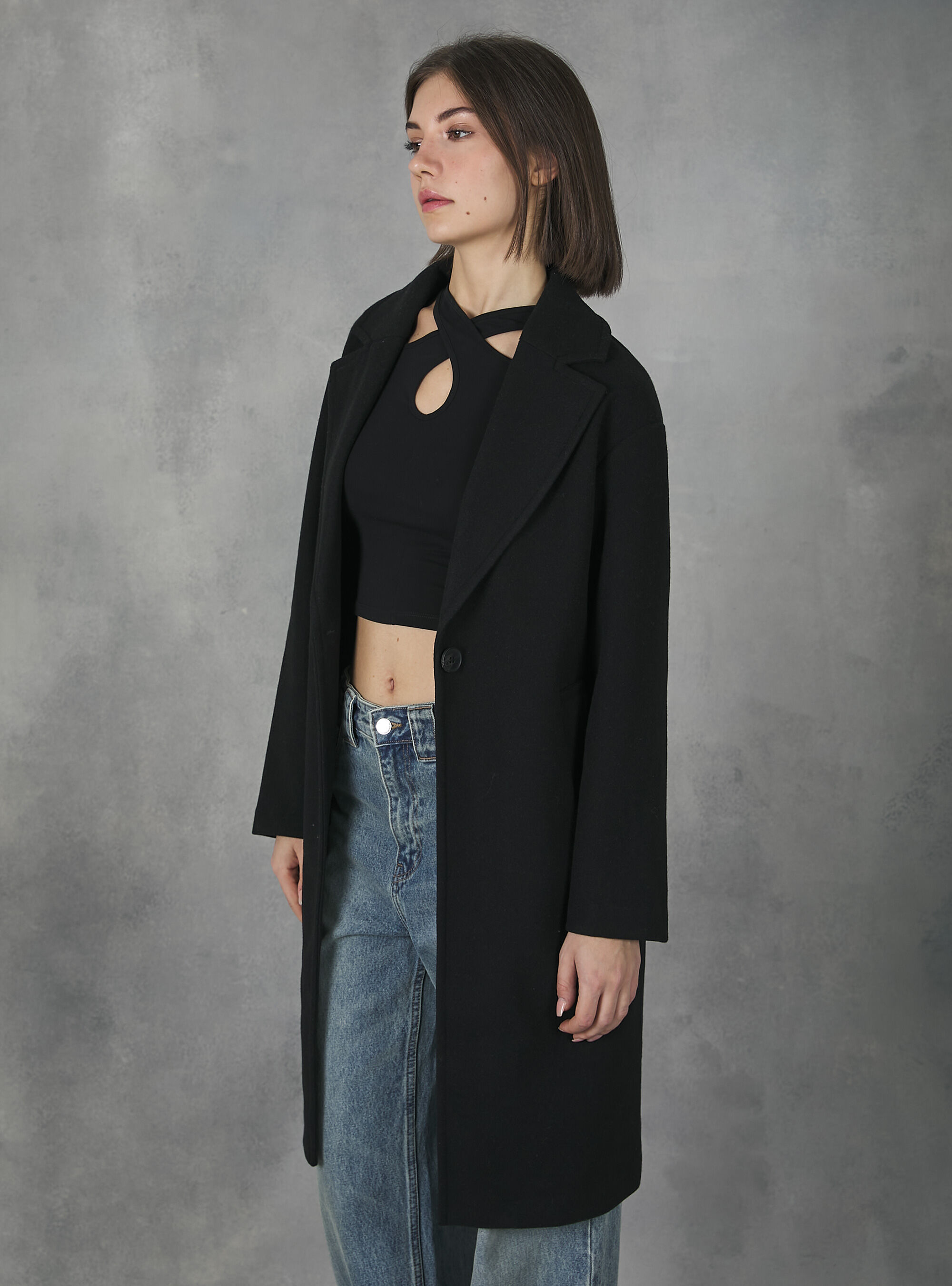 Plain-coloured gauze knit coat, BK1 BLACK