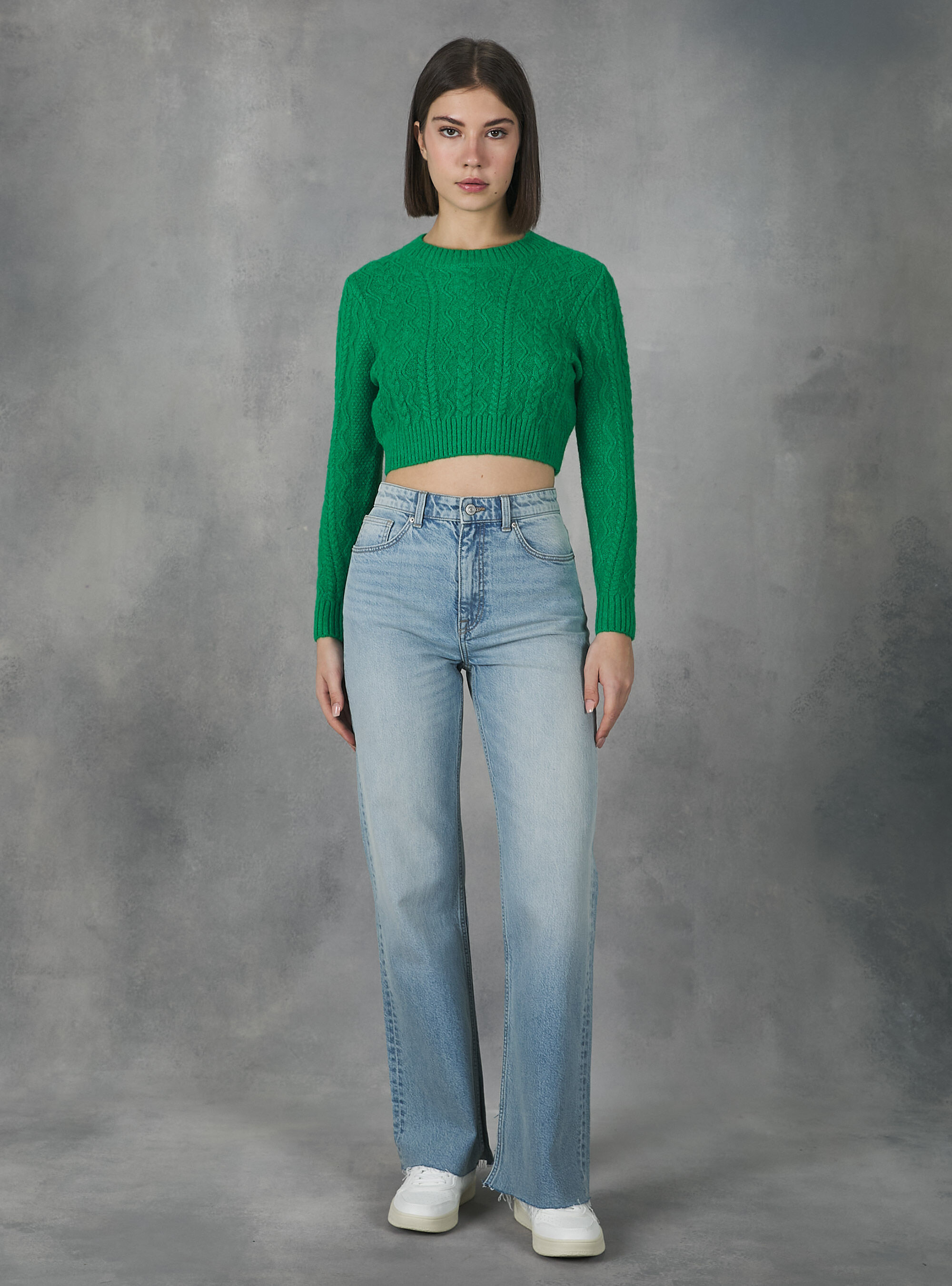 Cropped pullover with braids, GN2 GREEN MEDIUM