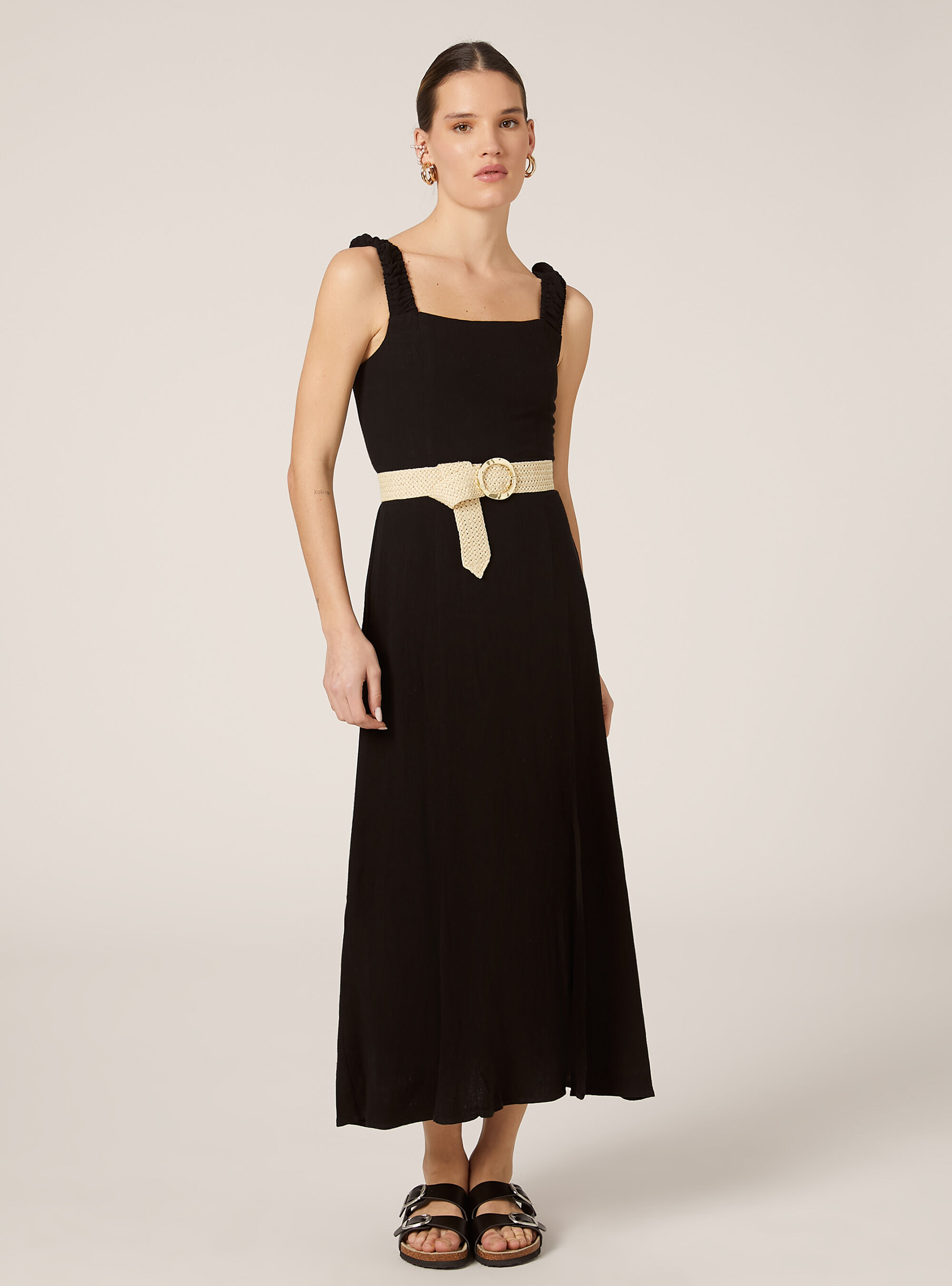Linen-blend dress with open back, BK1 BLACK
