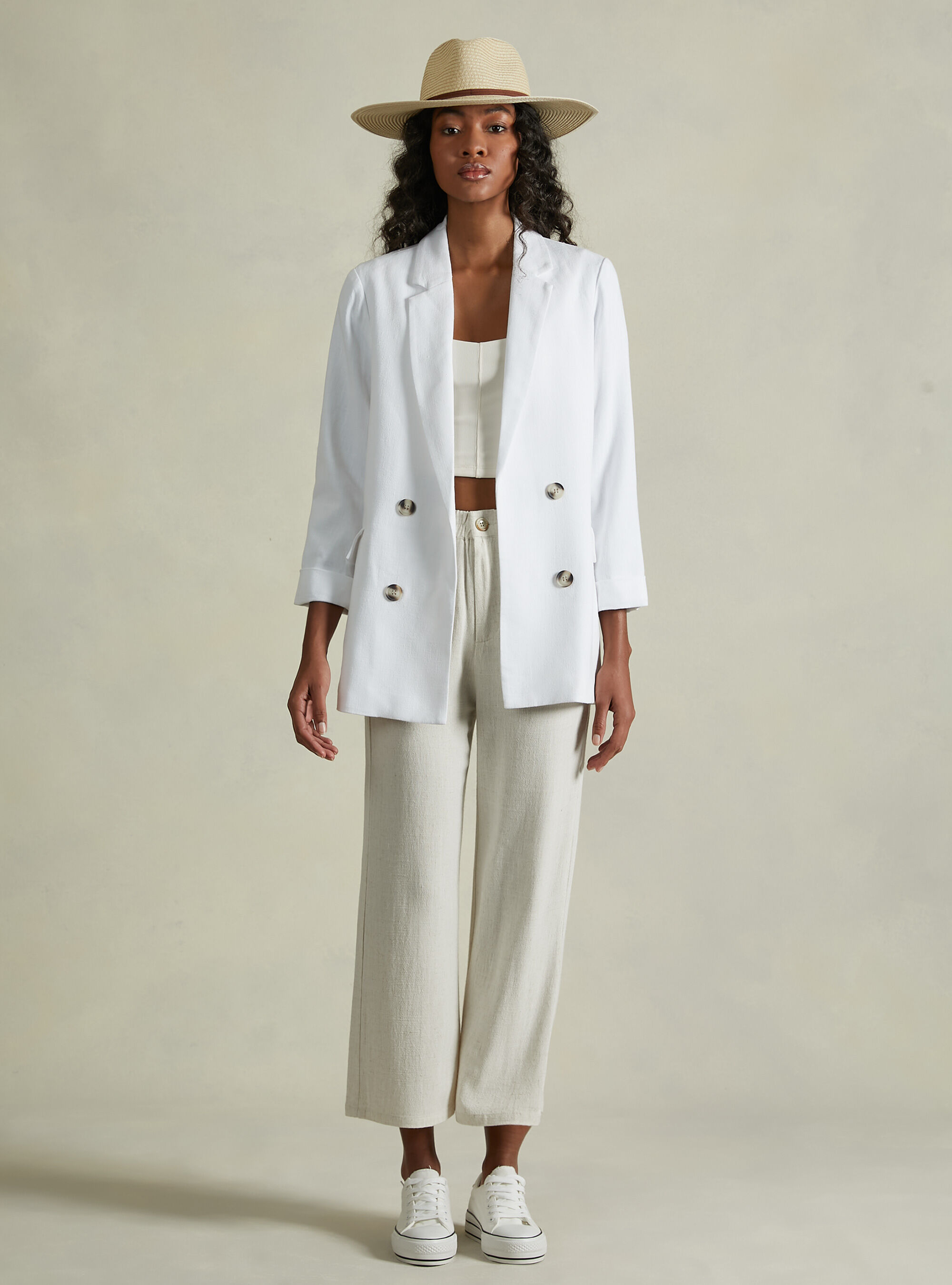 Blazer doppiopetto in misto lino, WH2 WHITE