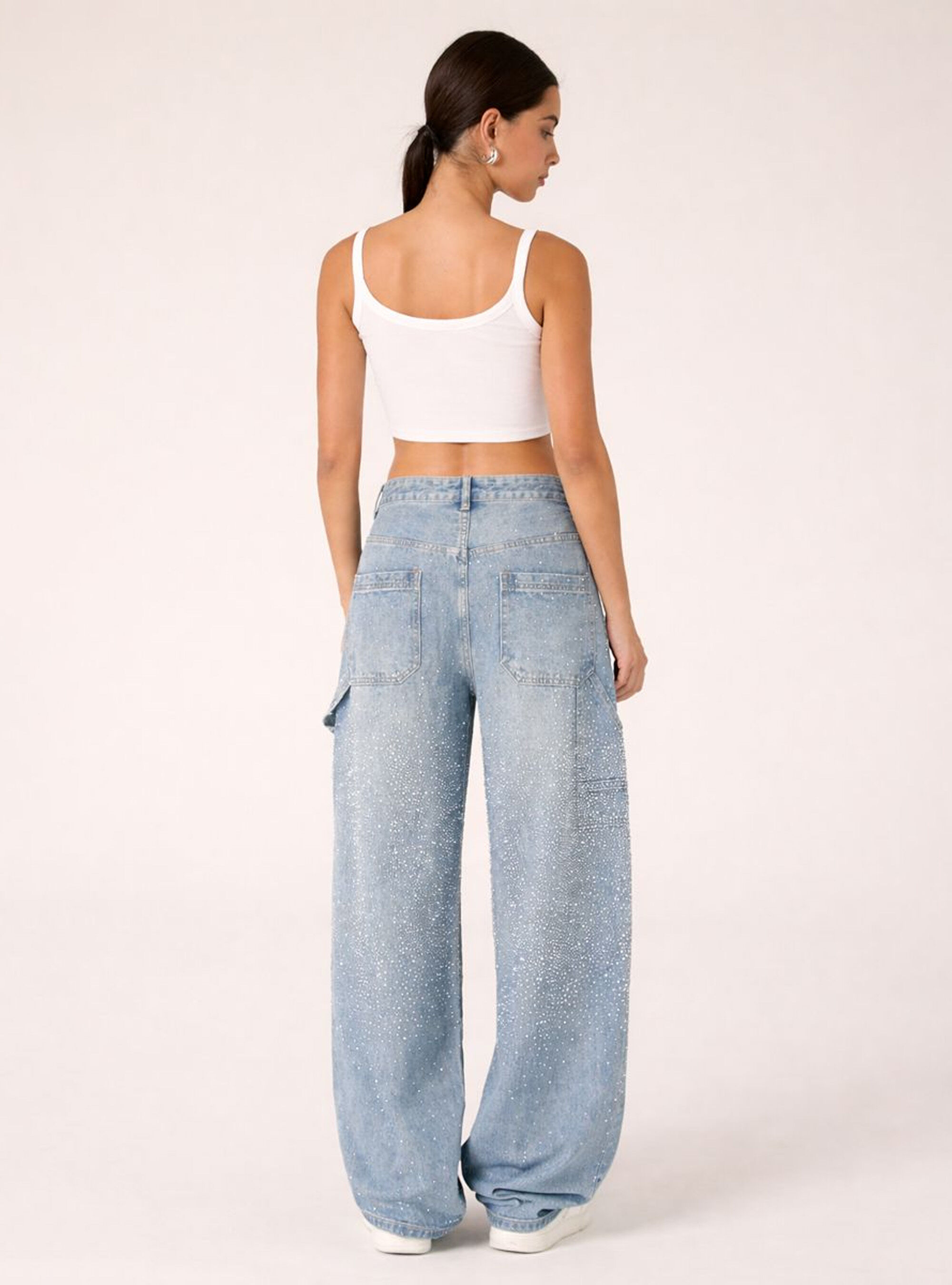 Baggy carpenter jeans with rhinestones, D006 AZURE