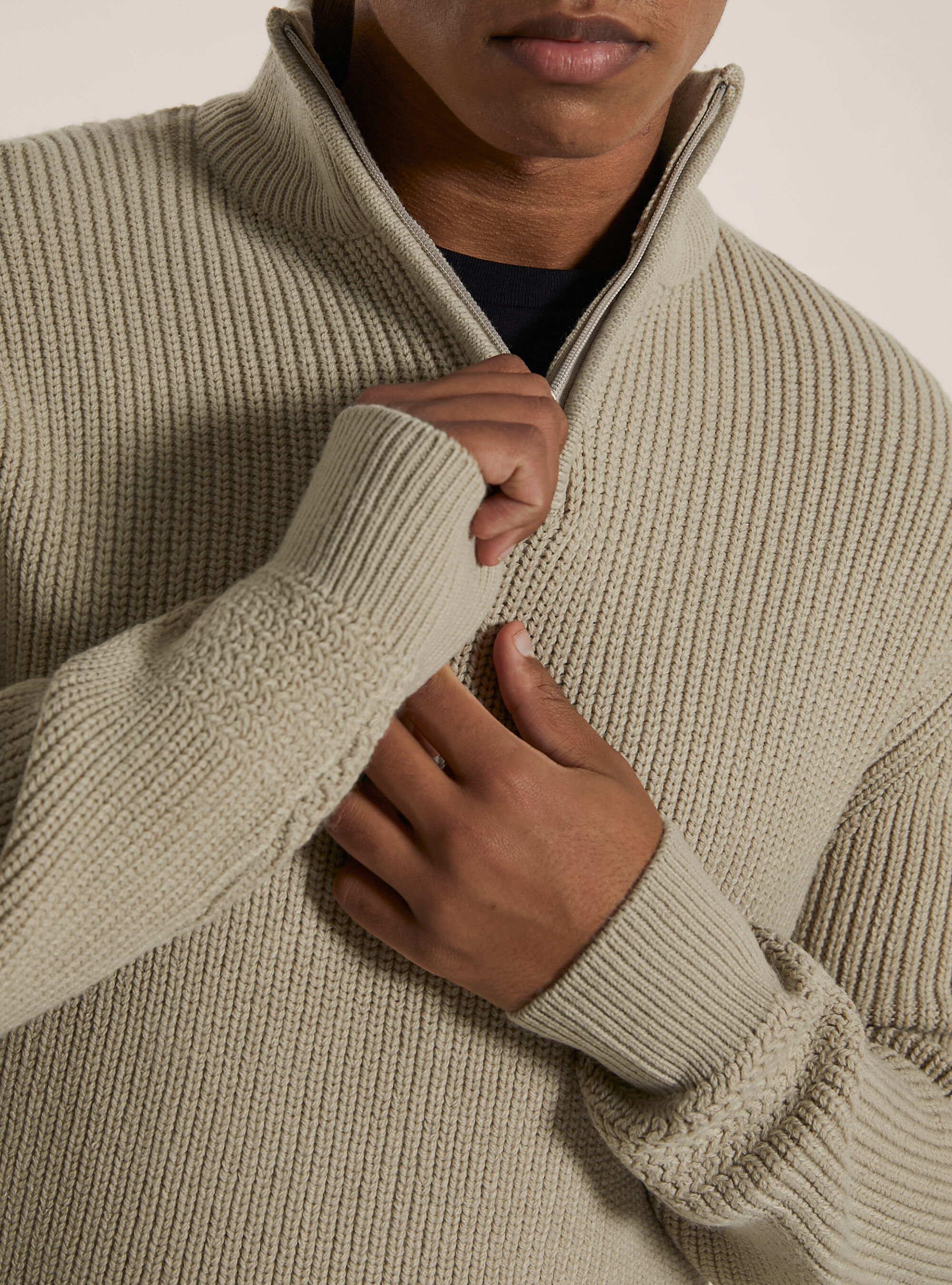 High-neck pullover with half zip, MBG3 BEIGE MEL LIGHT