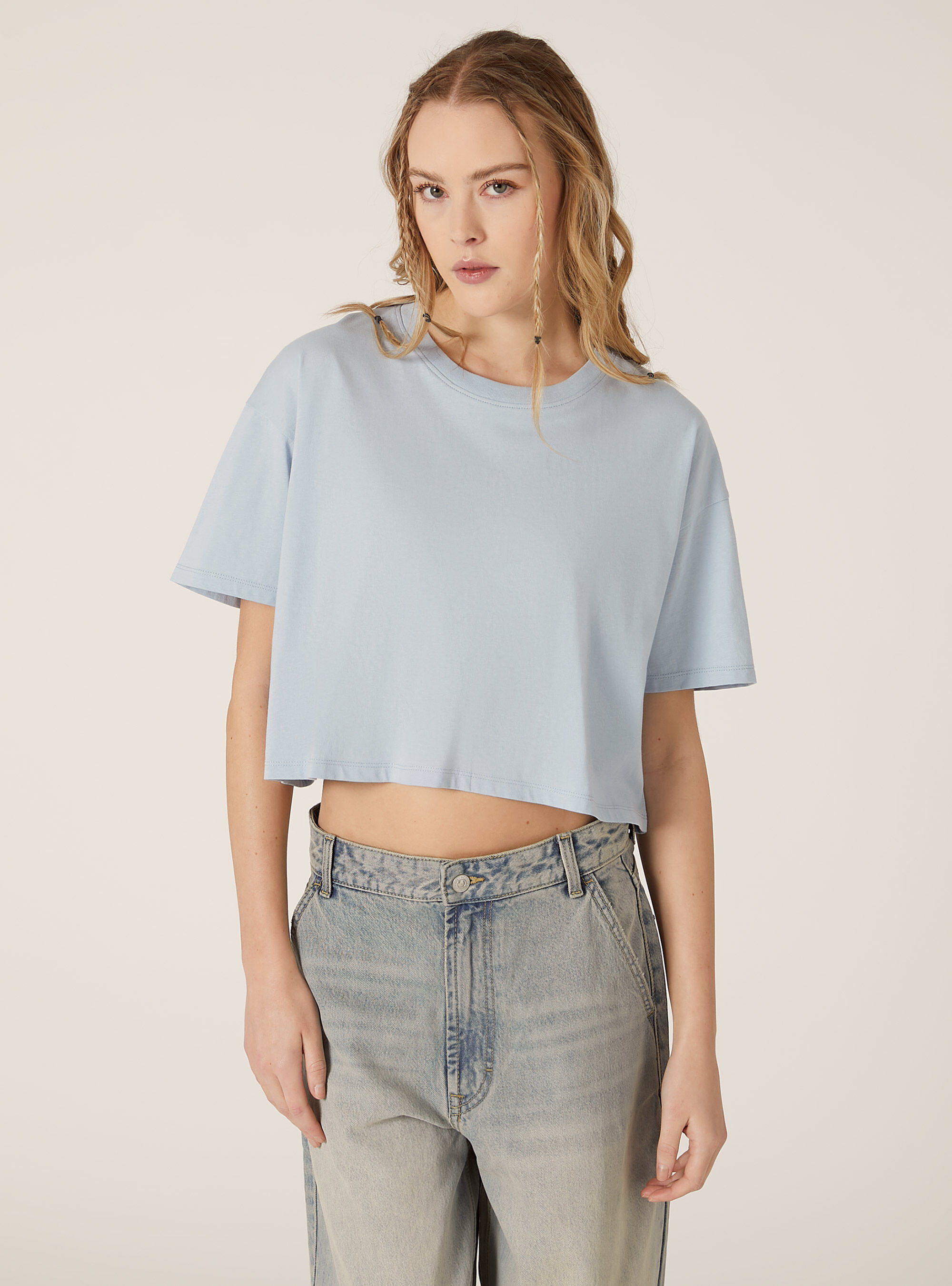 Maglietta cropped in cotone, AZ3 AZURE LIGHT