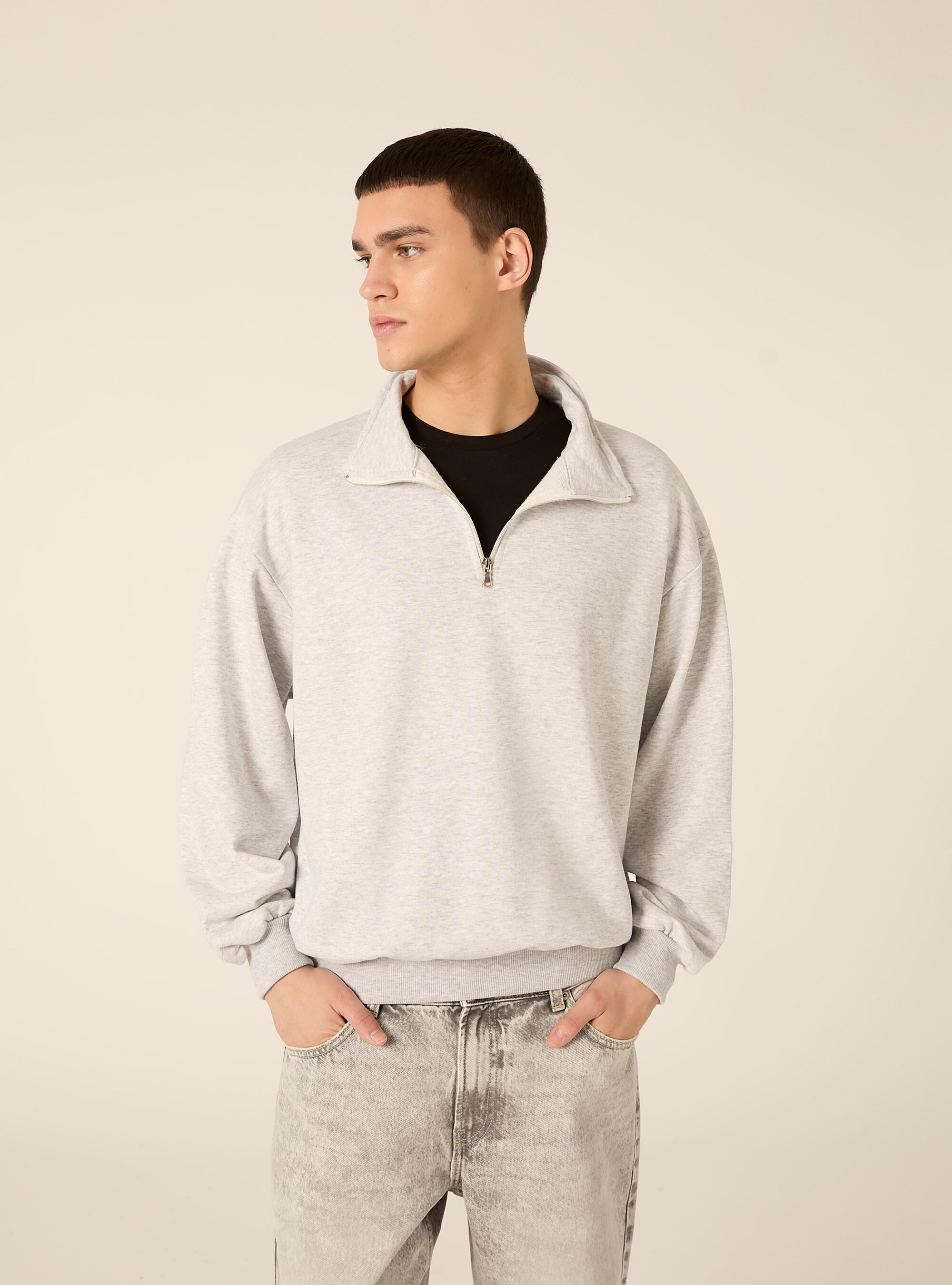 Felpa mezzo collo con zip boxy fit, MGY3 GREY MEL LIGHT
