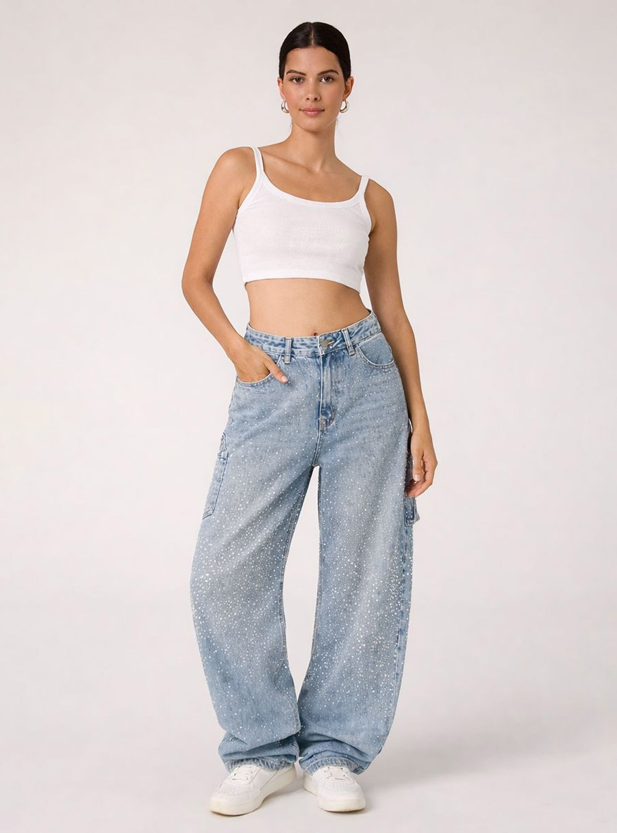 Baggy carpenter jeans with rhinestones, D006 AZURE