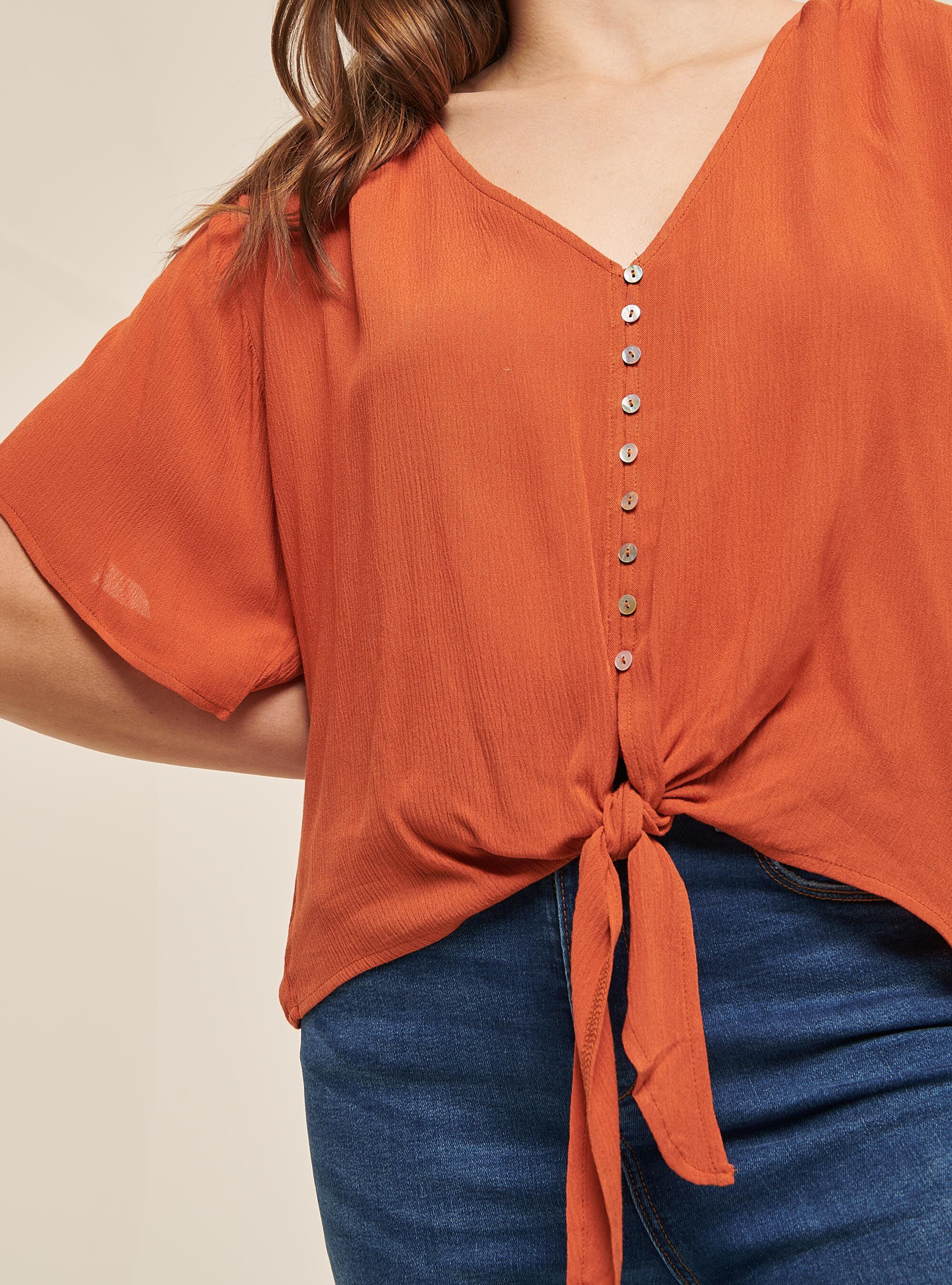 Plain v-neck blouse with waist knot, C0382 DARK ORANGE