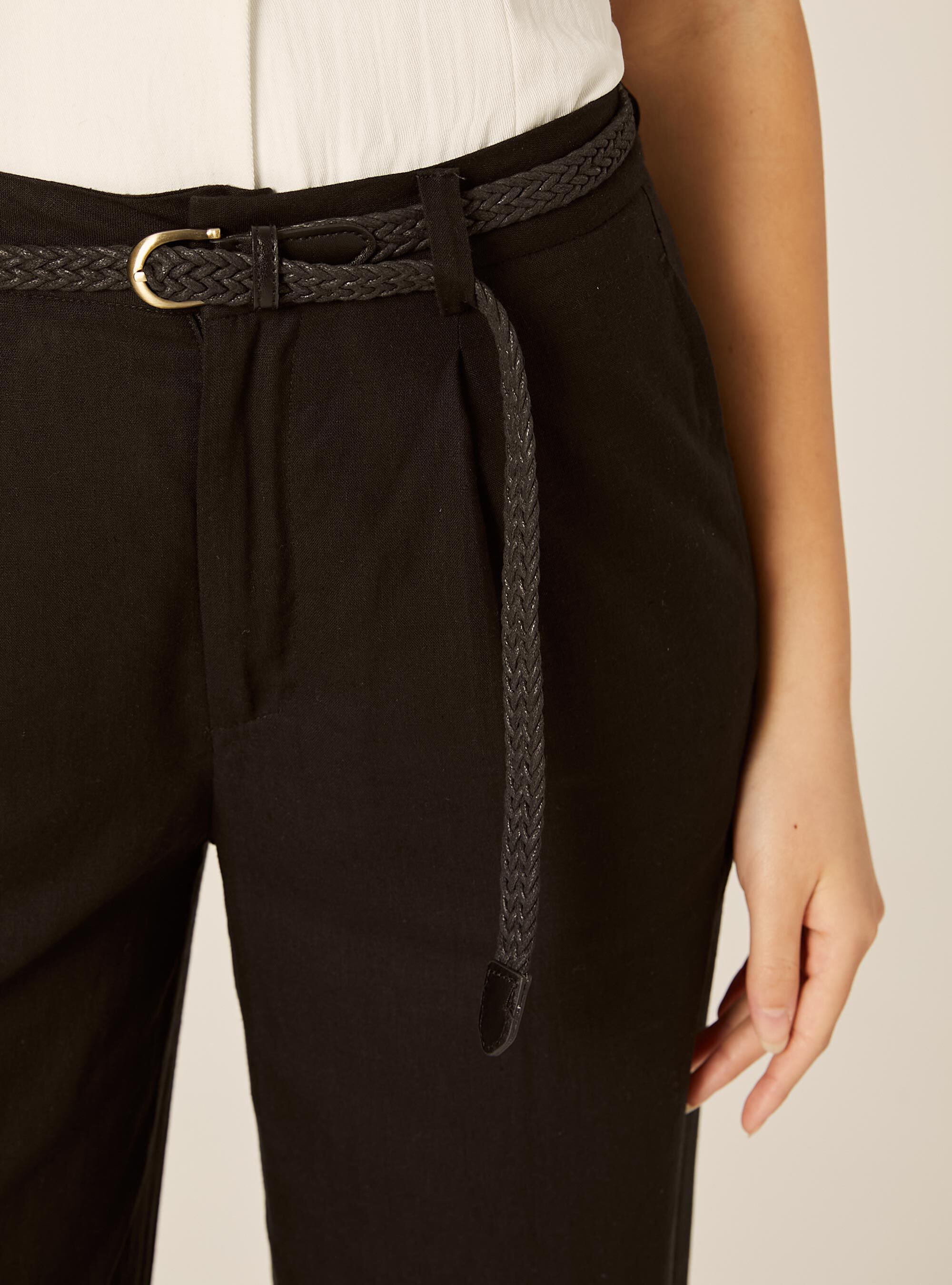 Linen Blend Trousers with Belt, BK1 BLACK