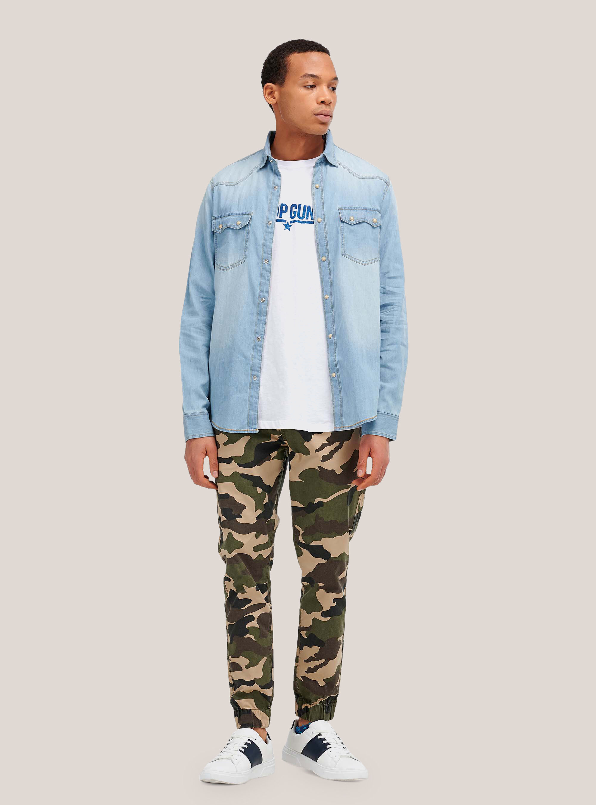 Denim shirt with camo sleeves 2025